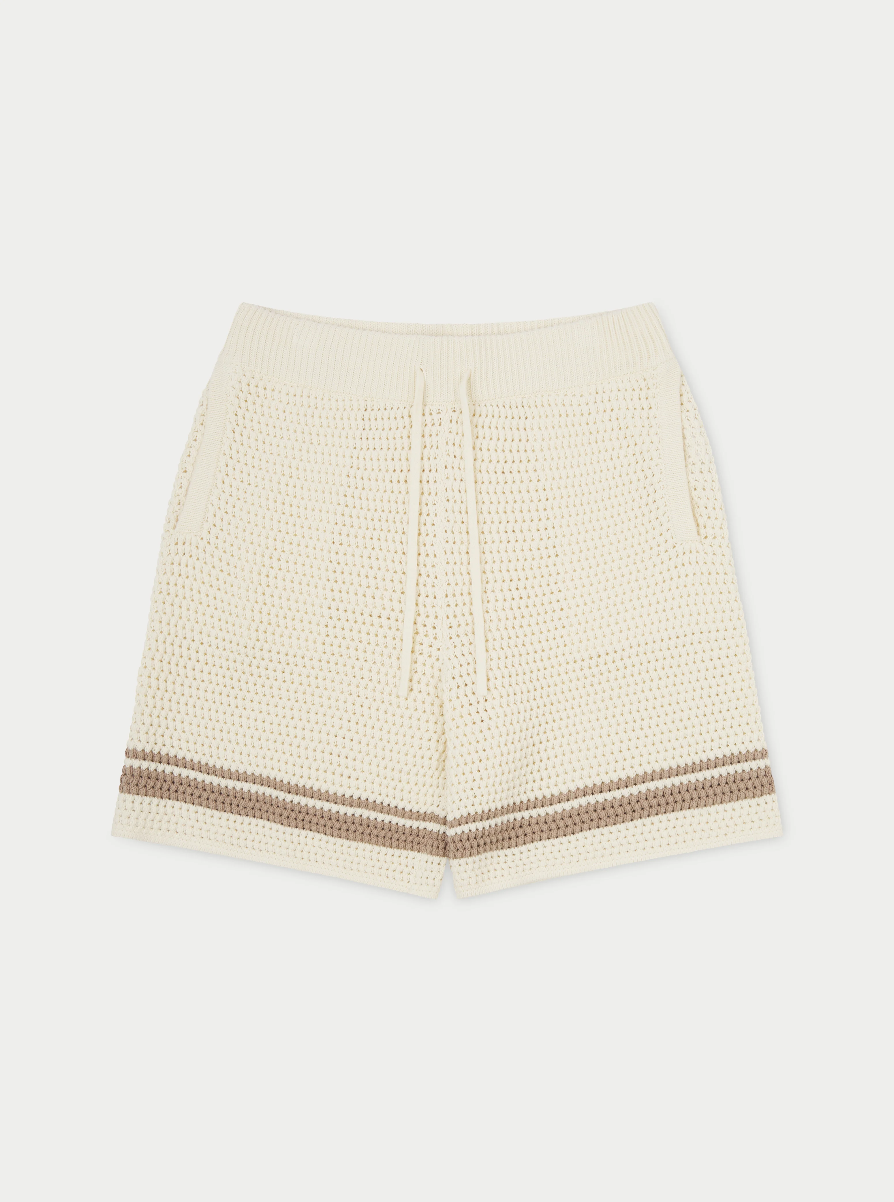 CROCHET KNITTED CONTRAST STRIPE SHORTS - OFF WHITE