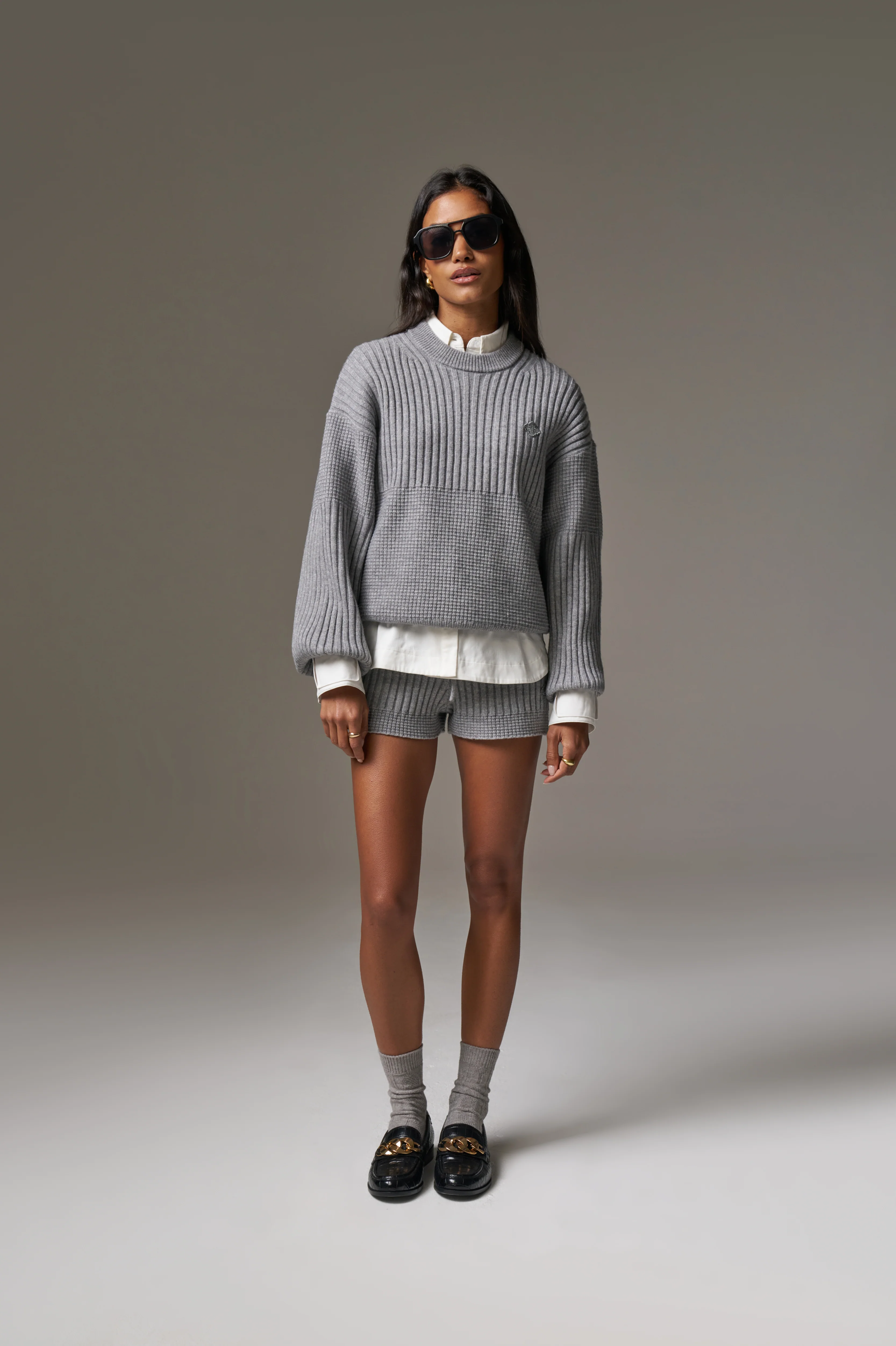 CONTRAST KNIT OVERSIZED CREW - GREY MARL