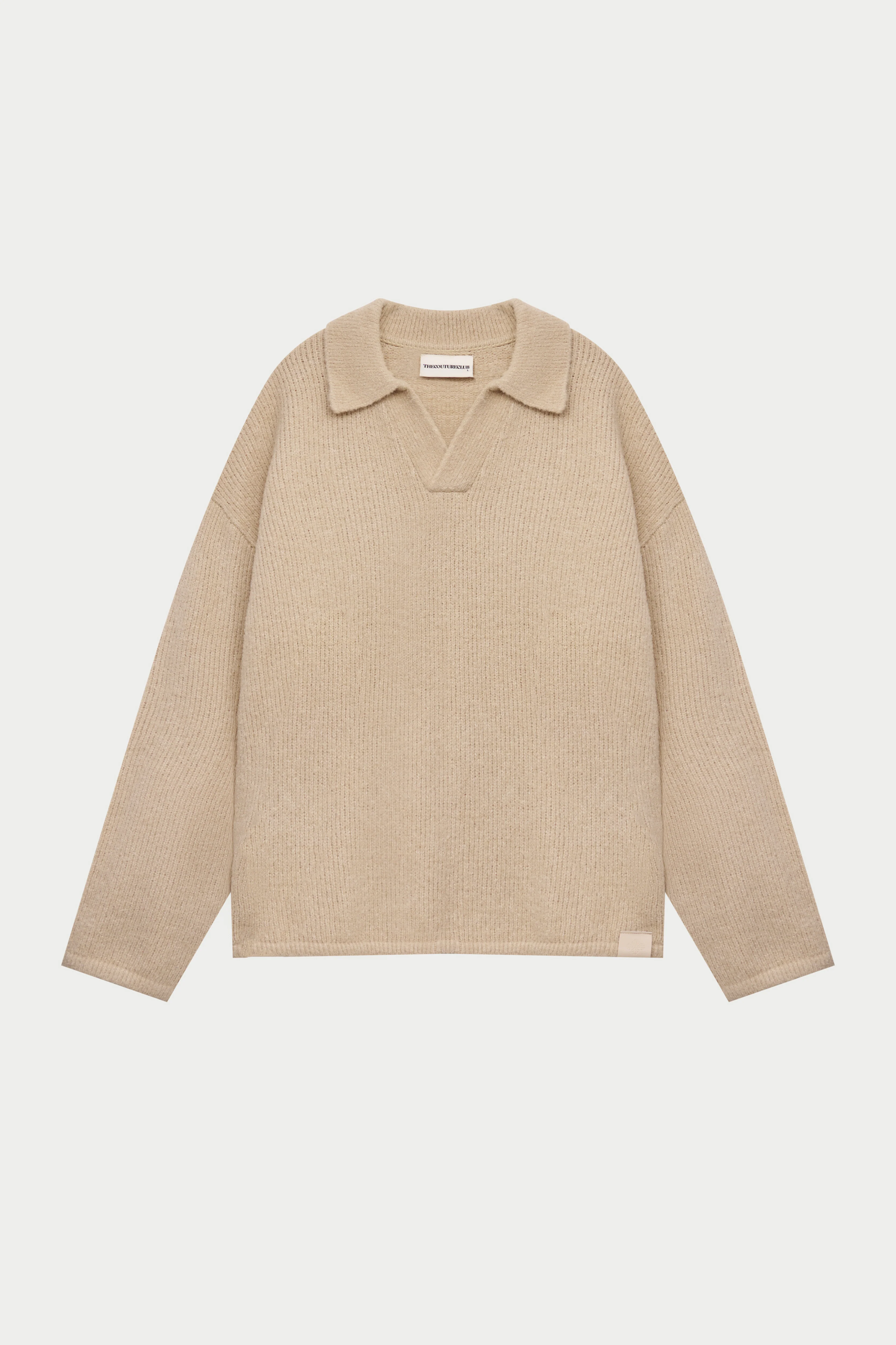 BOUCLE KNIT LONG SLEEVE POLO - STONE