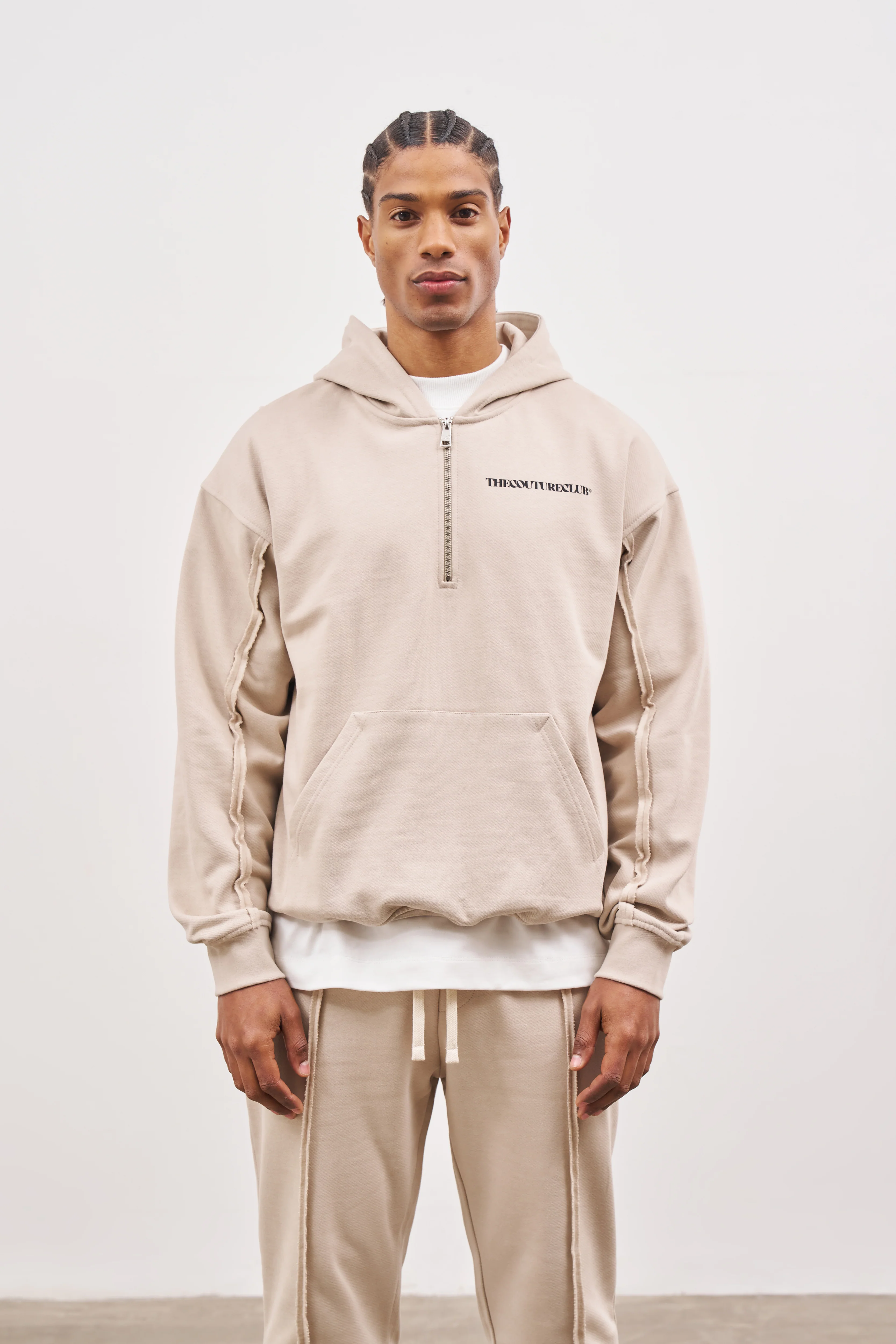 RAW SEAM QUARTER ZIP HOODIE - BEIGE