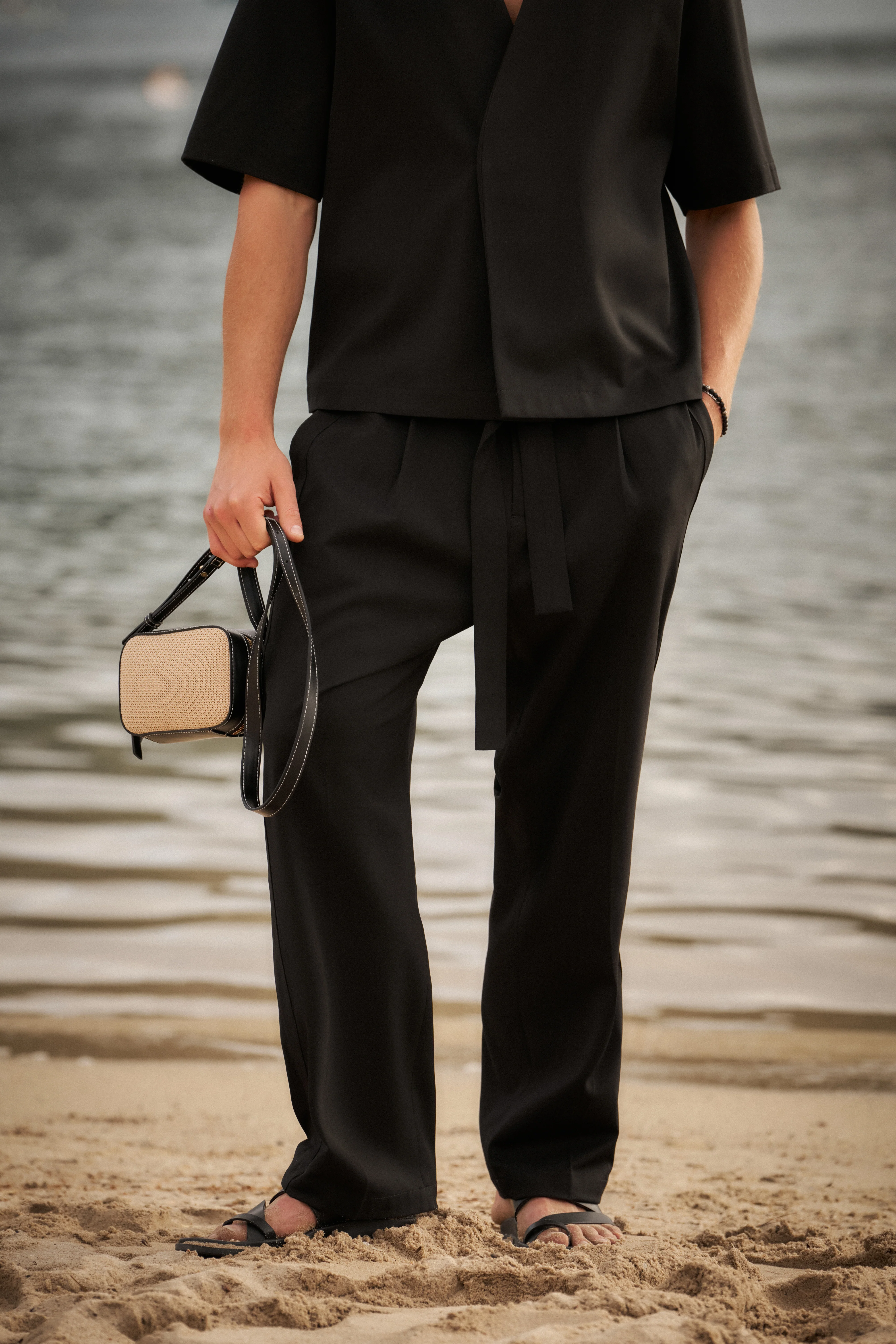 SMART TIE BELTED TROUSERS - BLACK