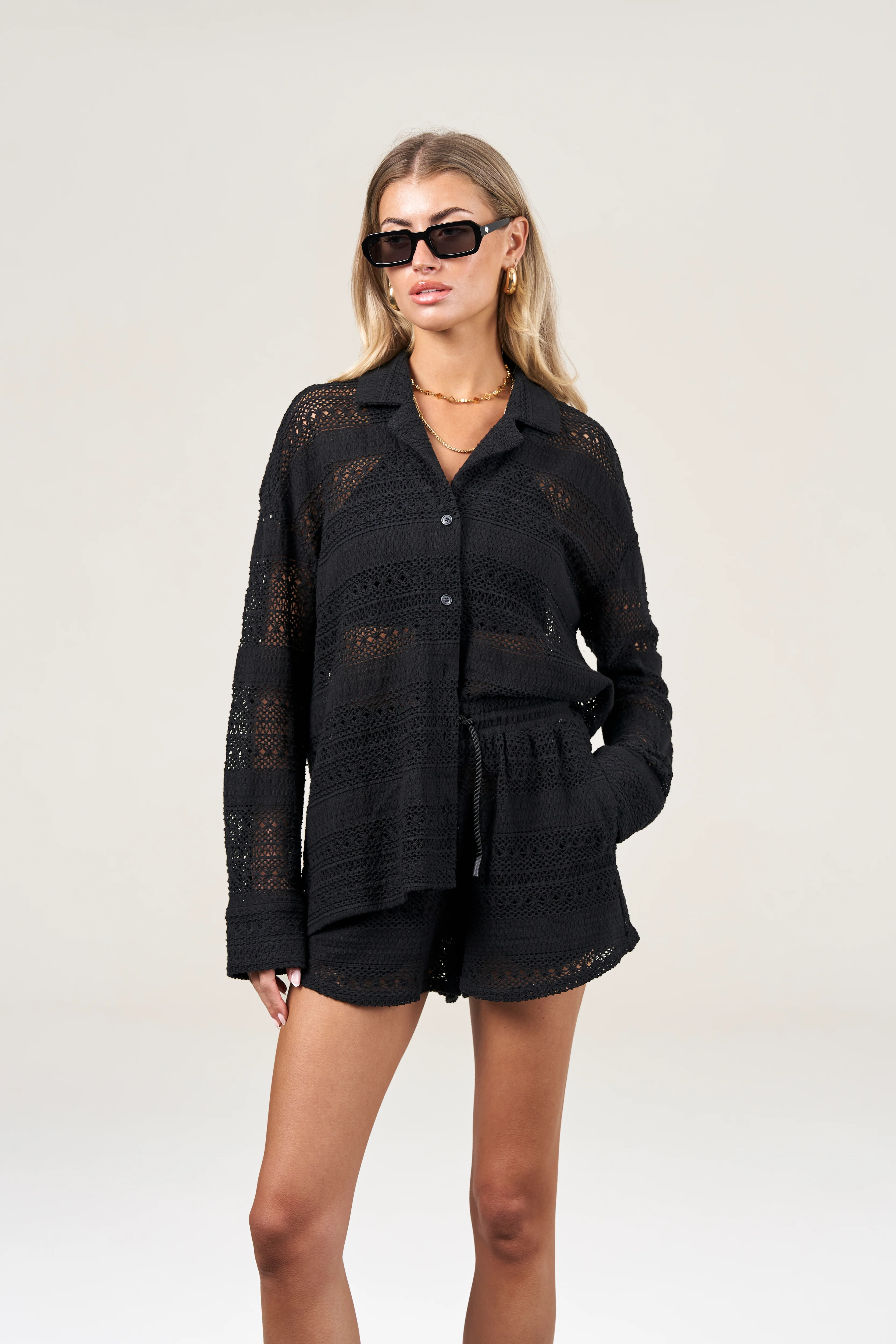 TEXTURED CROCHET SHIRT - BLACK