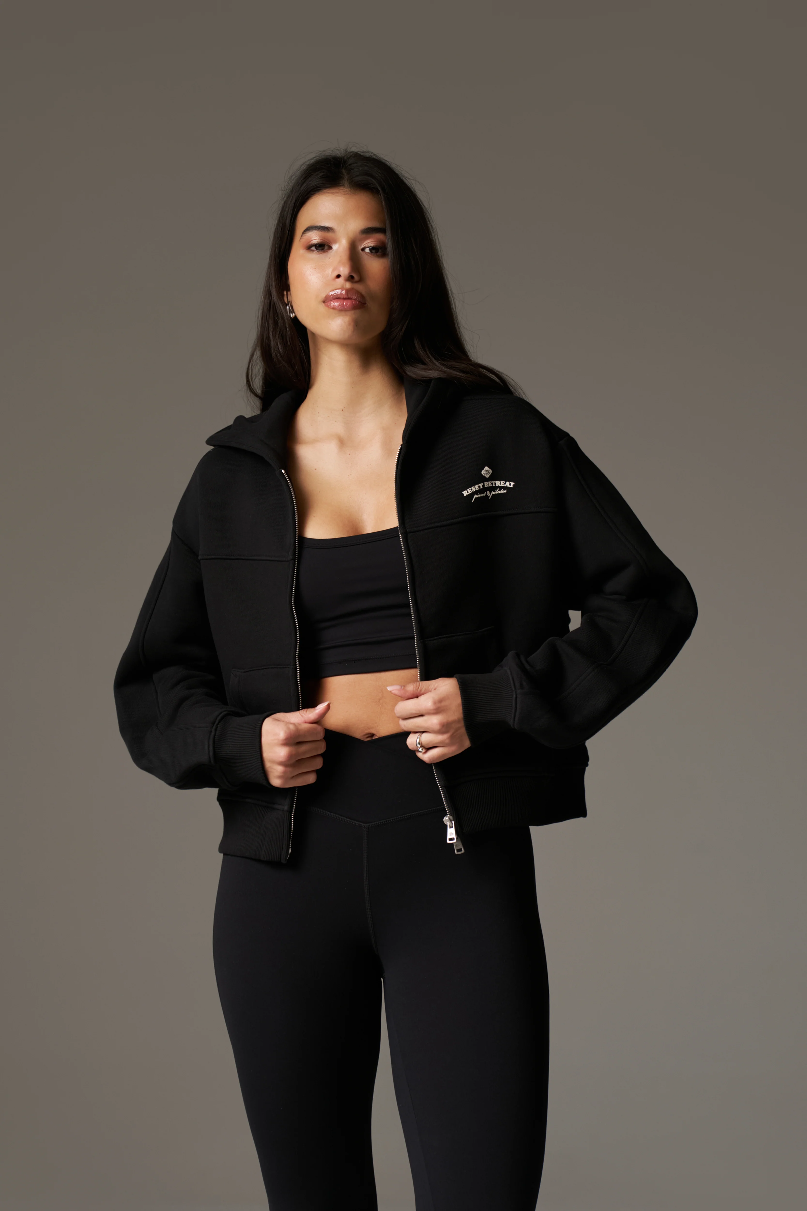 PILATES & PINOT ZIP THROUGH CROPPED HOODIE - BLACK