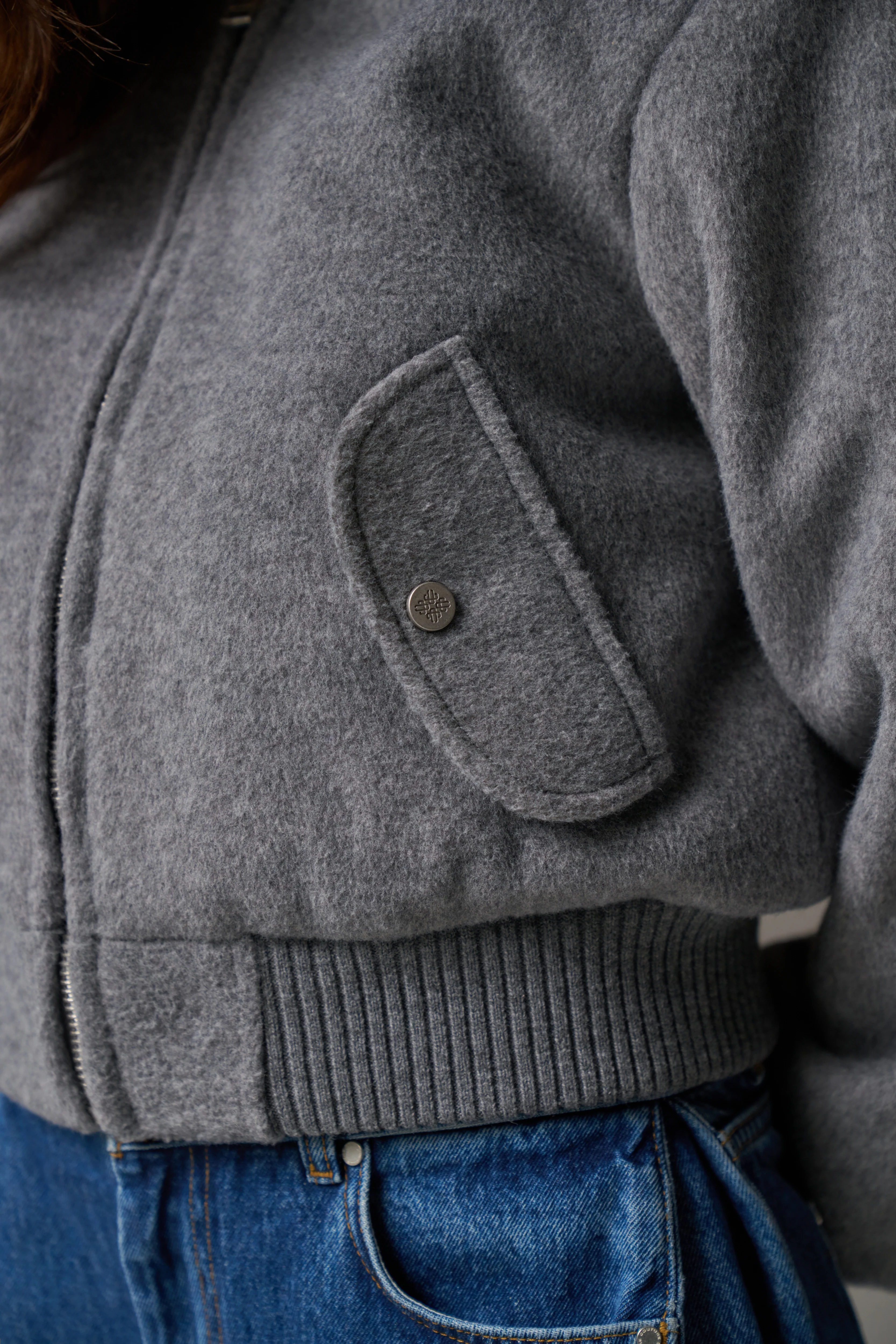 SHOULDER PADDED WOOL BLEND BOMBER JACKET - GREY MARL