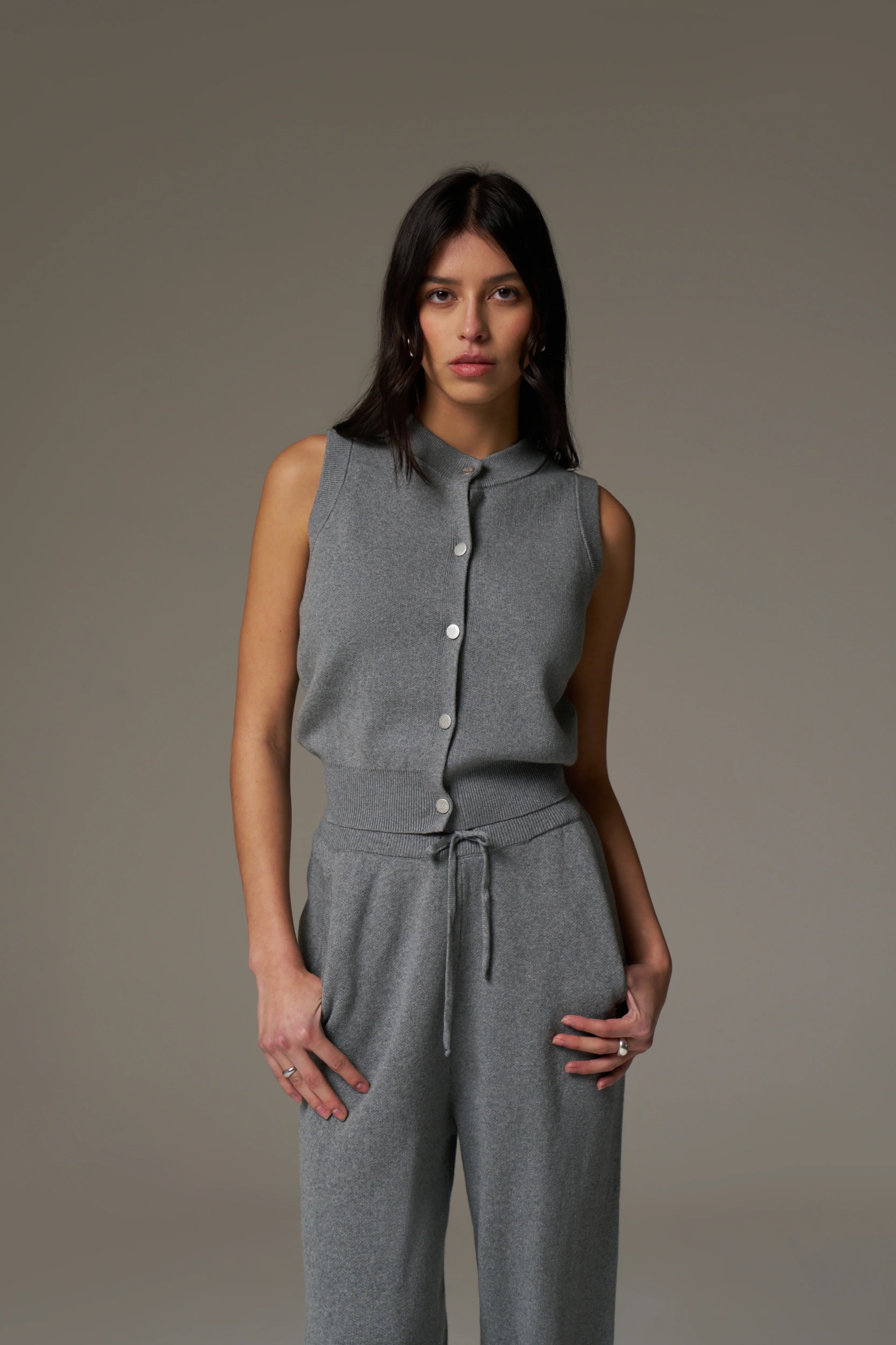 KNIT BUTTON THROUGH TOP - GREY MARL