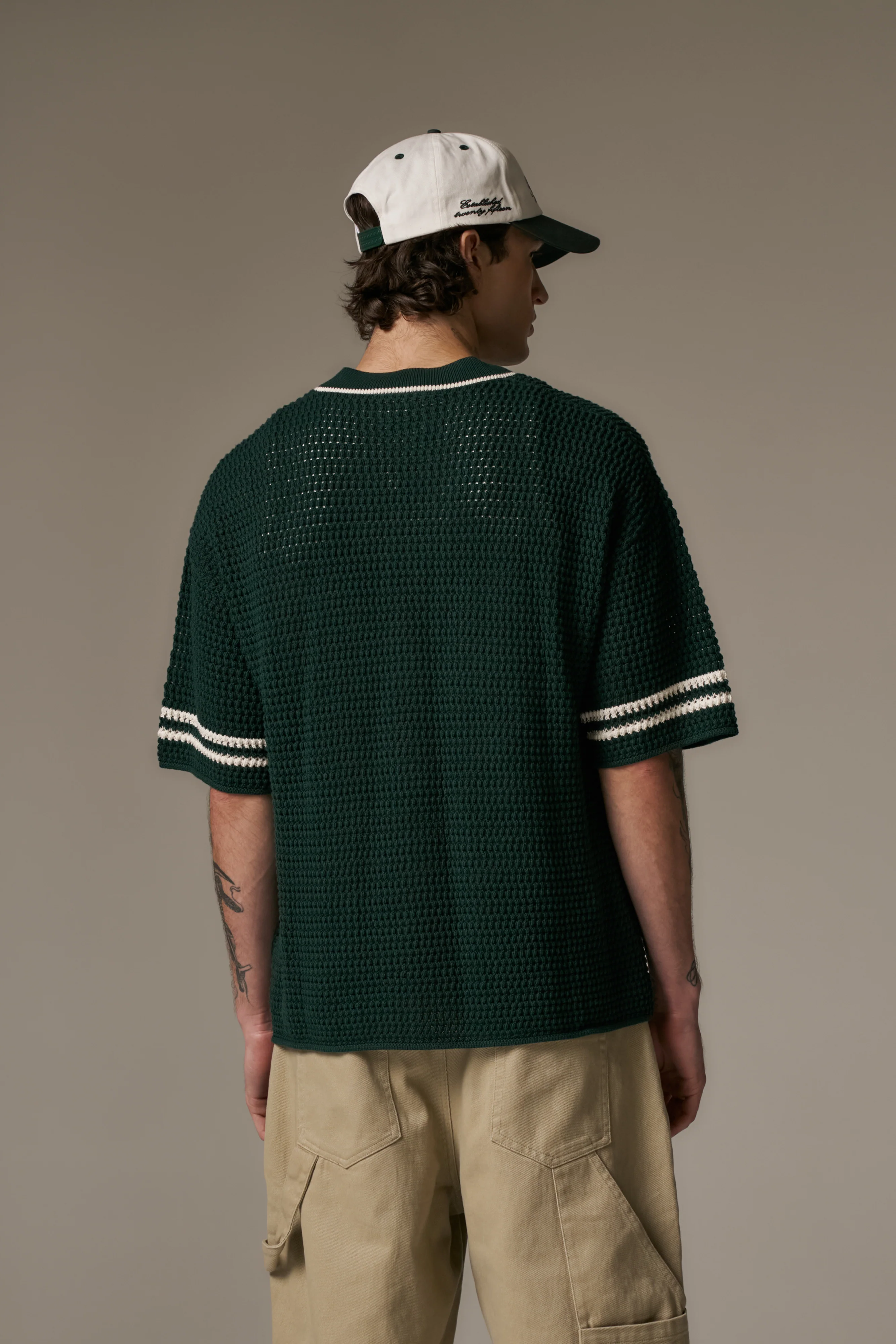 CROCHET KNITTED BASEBALL SHIRT - GREEN