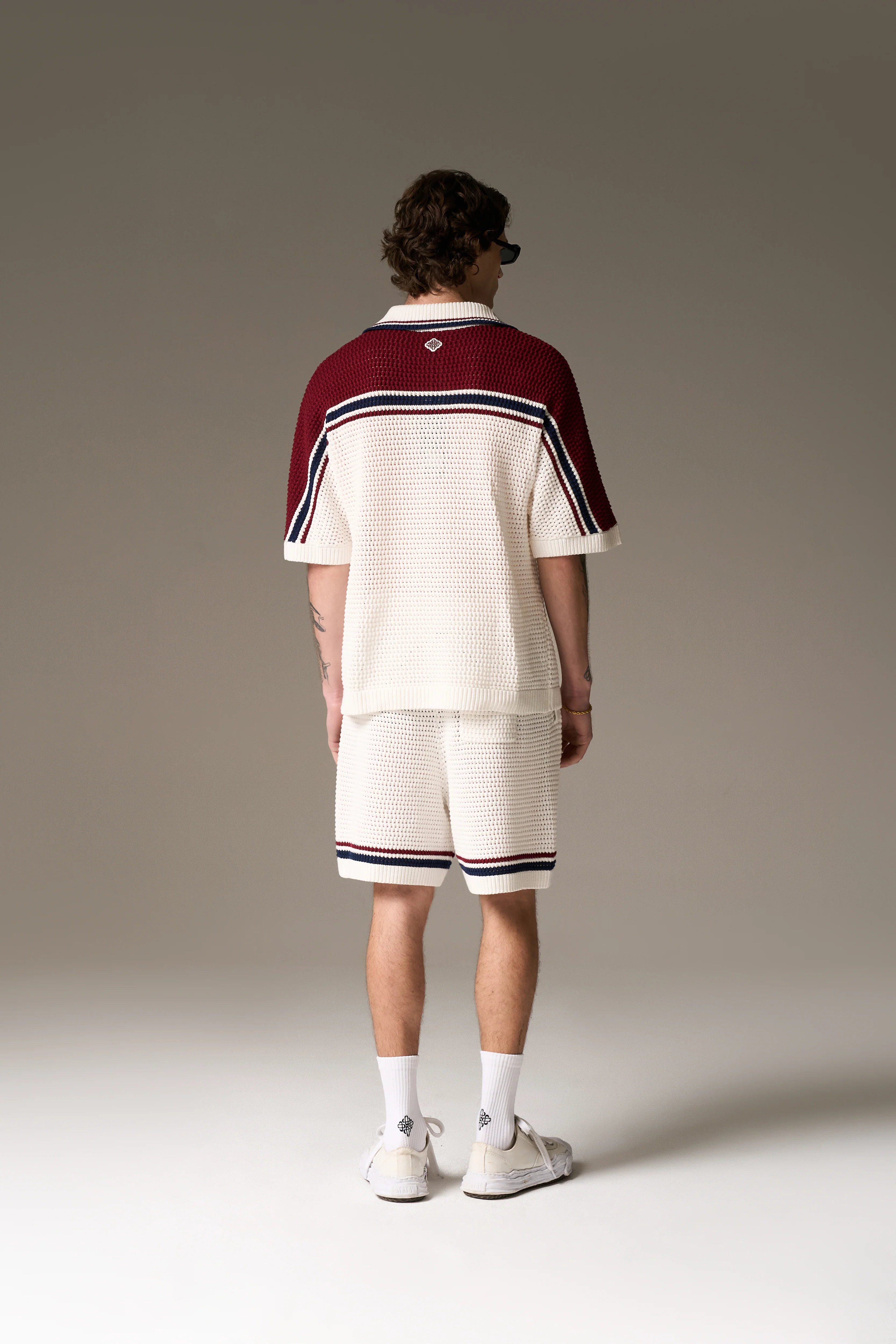 COLOUR BLOCK KNITTED STRIPE SHIRT - BURGUNDY