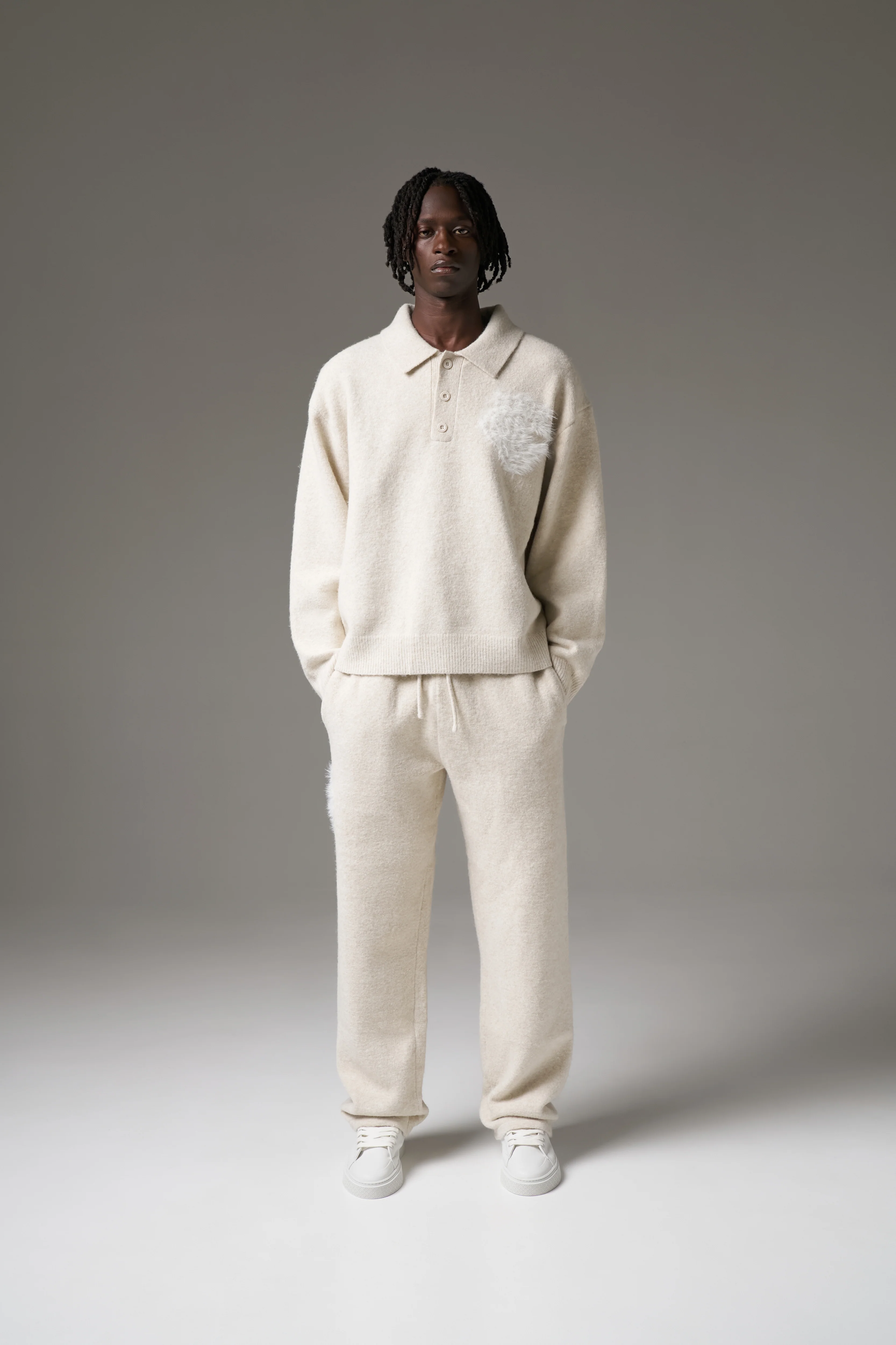 MONOGRAM EMBLEM FLUFFY KNIT POLO - BEIGE