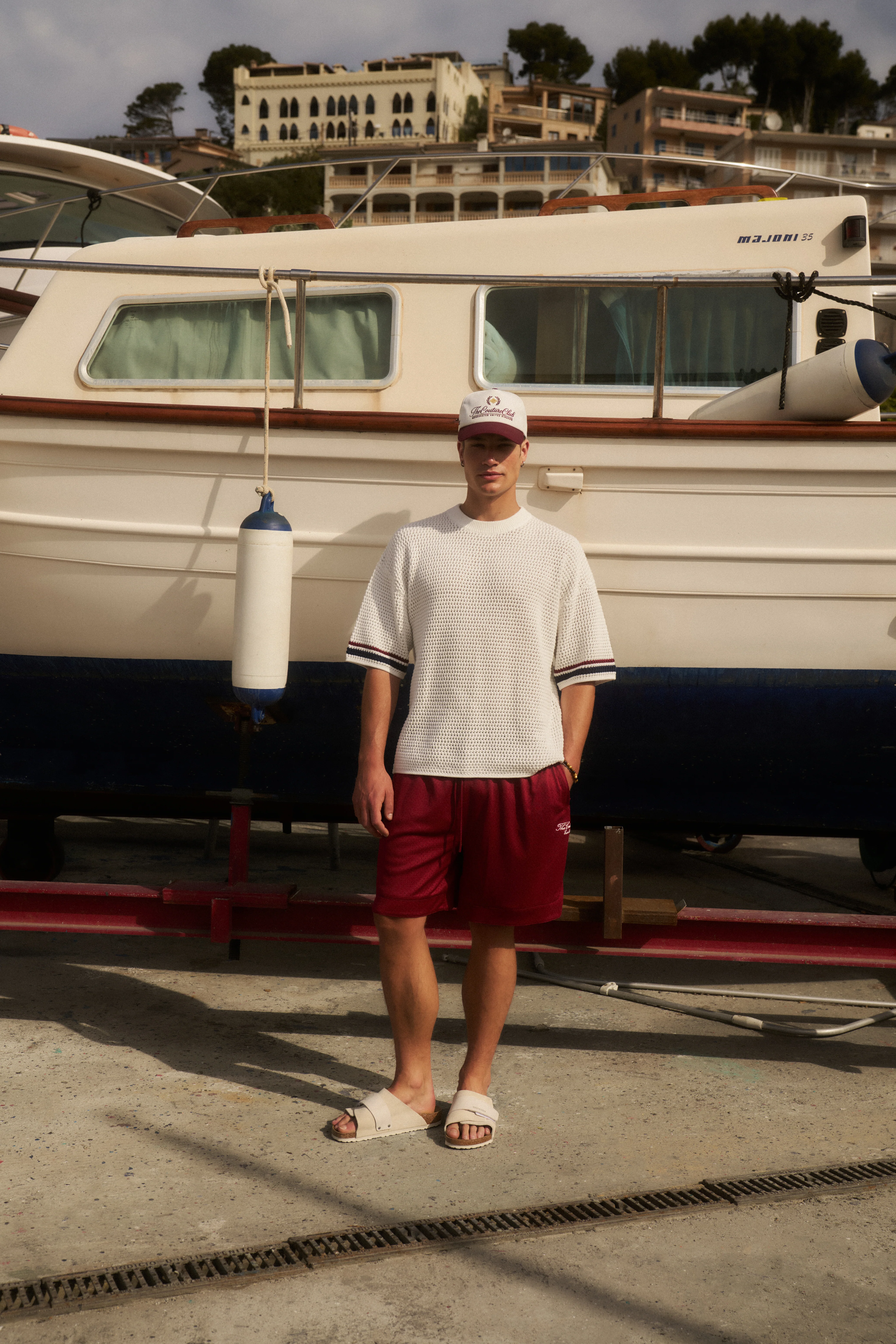 STRIPE CROCHET KNIT T-SHIRT - BURGUNDY