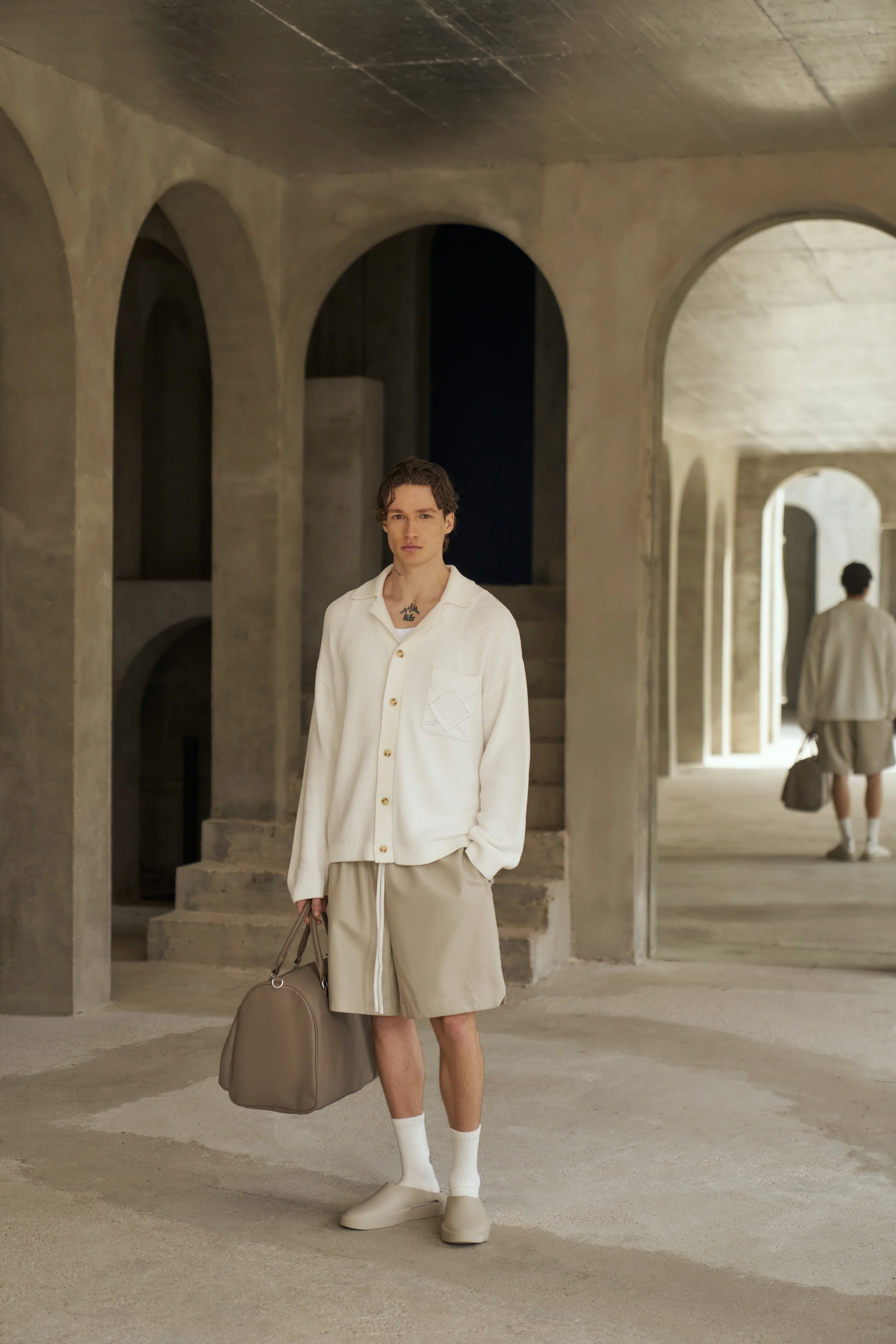 CROCHET KNITTED EMBLEM POCKET SHIRT - OFF WHITE