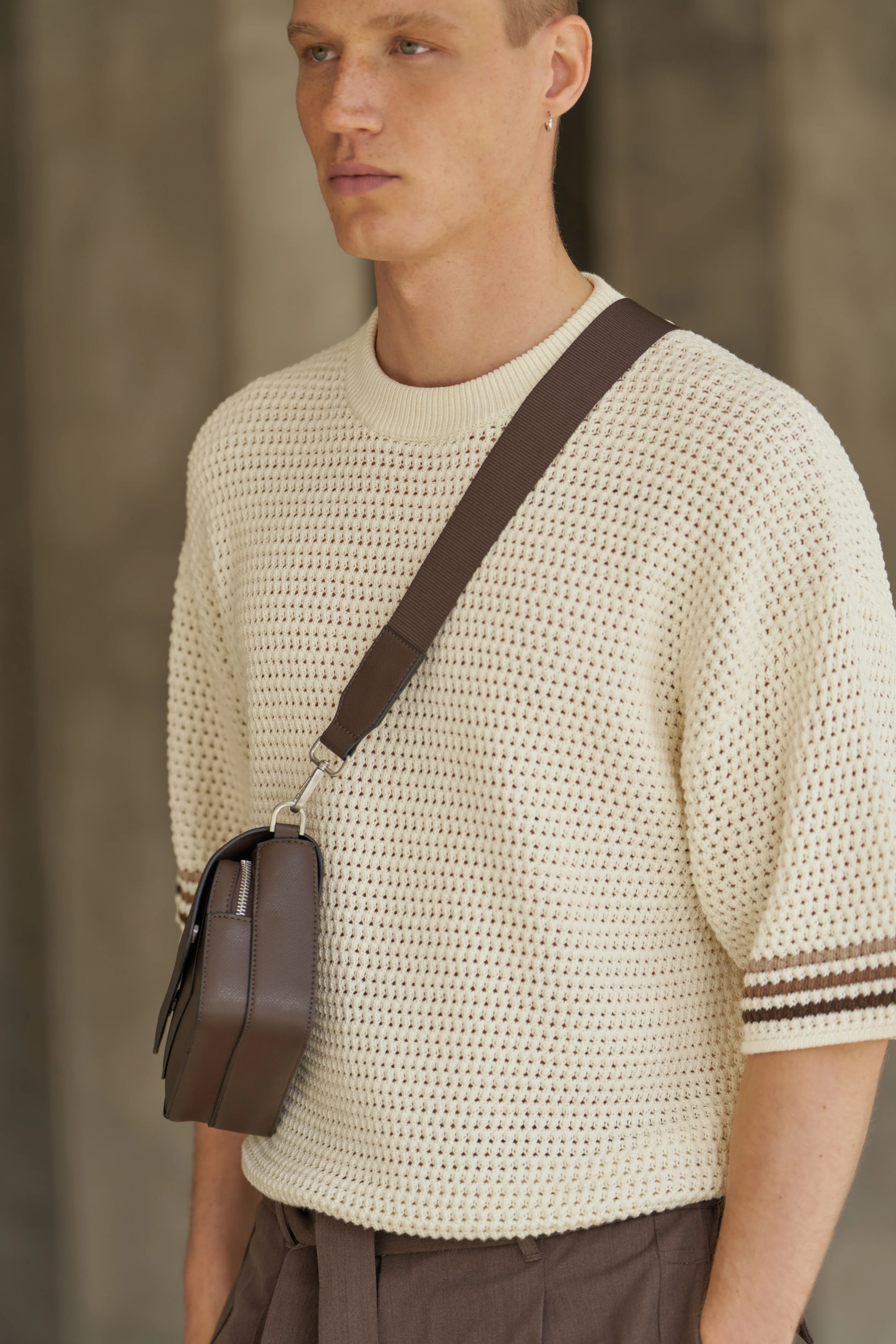 STRIPE CROCHET KNIT T-SHIRT - OFF WHITE