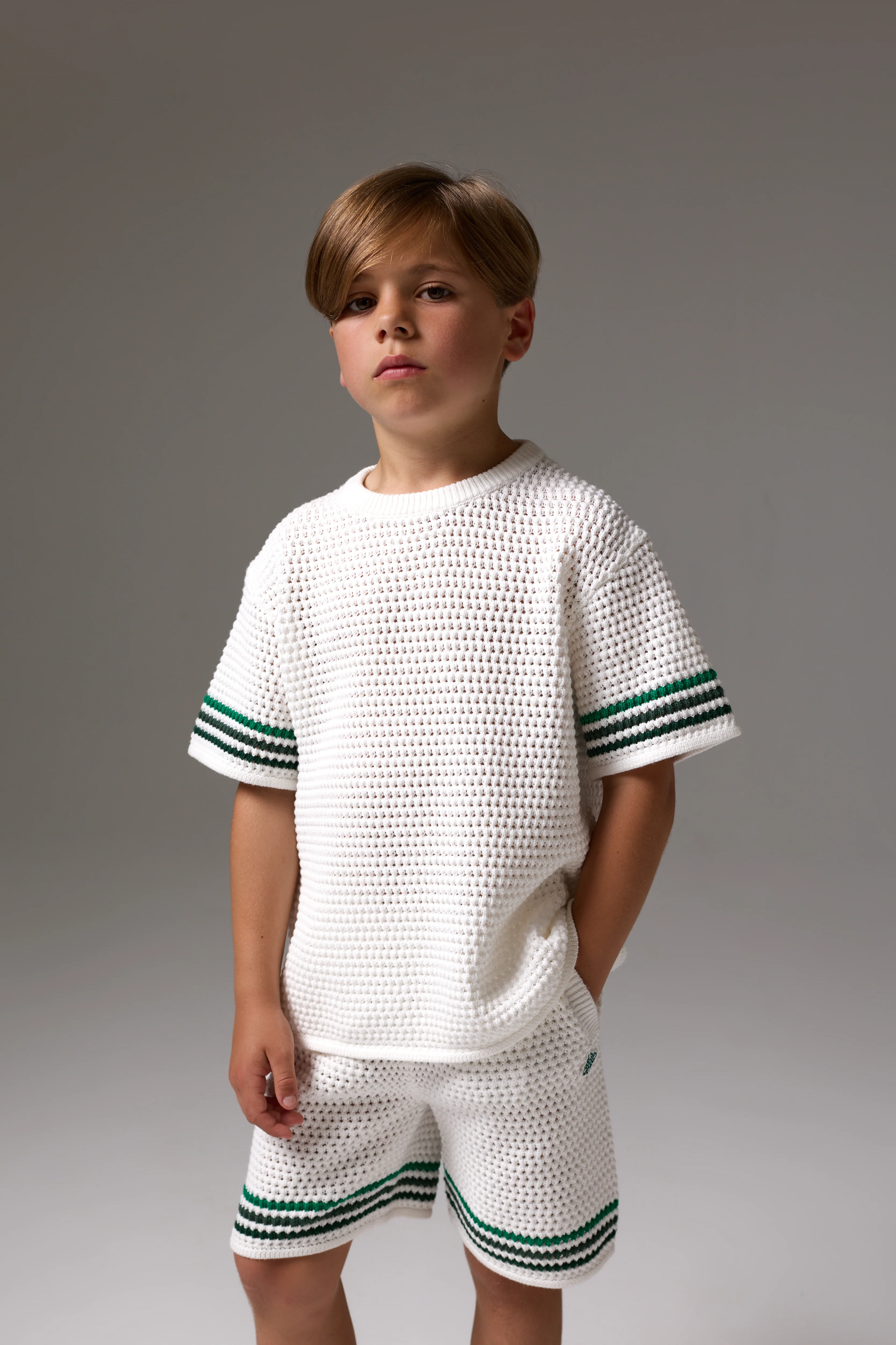 JUNIOR STRIPE CROCHET KNIT T-SHIRT - WHITE