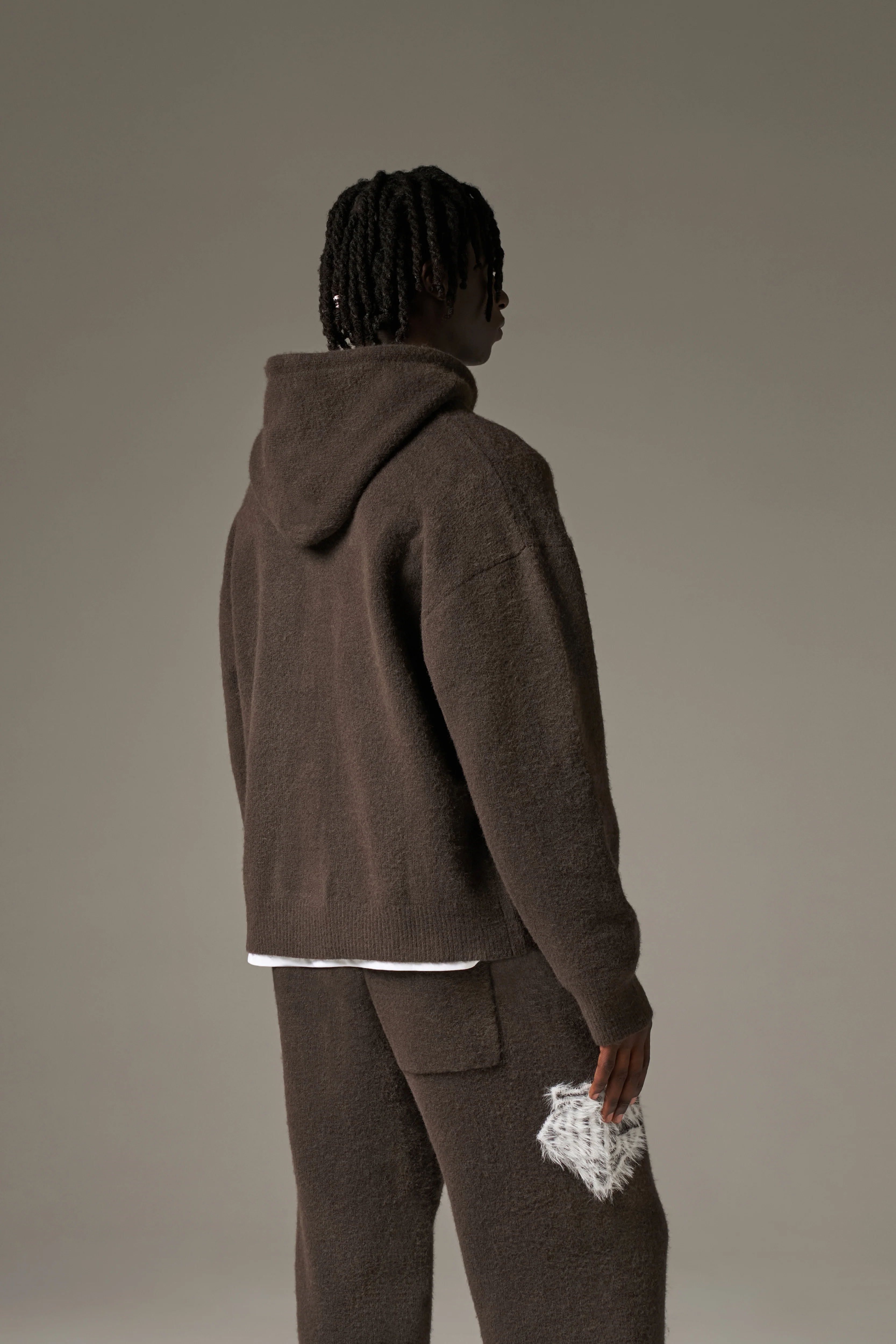 MONOGRAM EMBLEM FLUFFY KNIT ZIP THROUGH HOODIE - BROWN