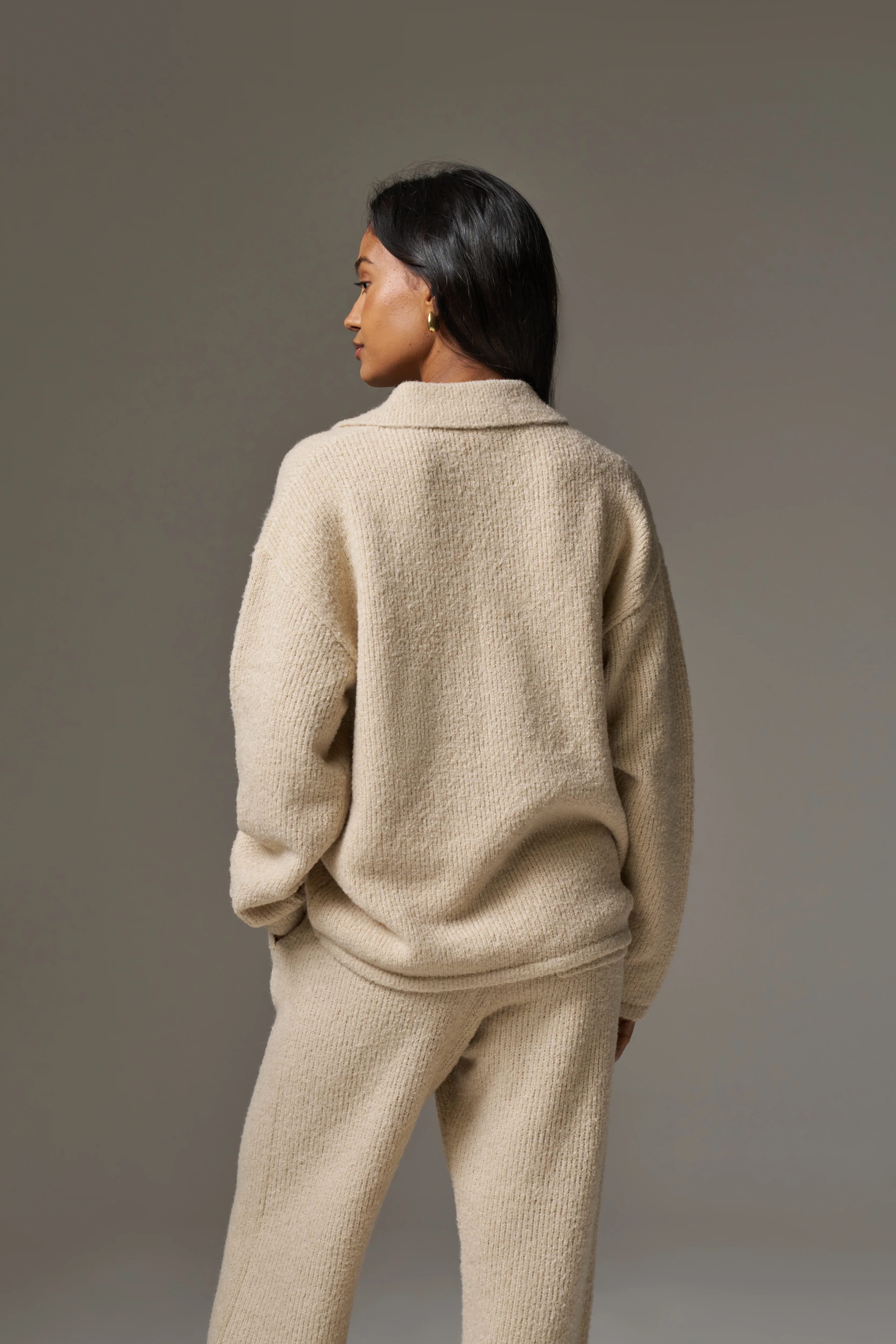 BOUCLE KNIT LONG SLEEVE POLO - STONE