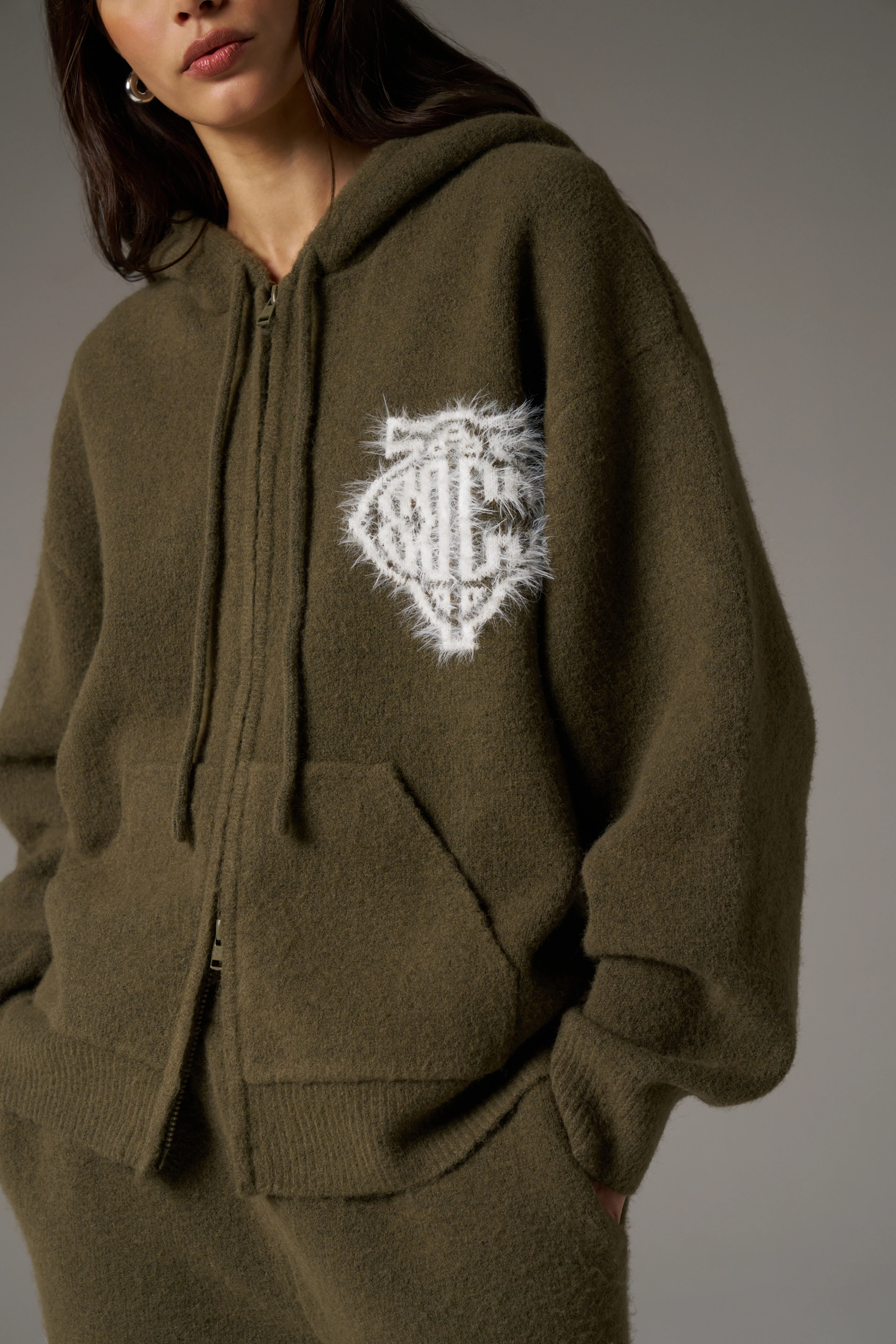MONOGRAM EMBLEM FLUFFY KNIT ZIP THROUGH HOODIE - KHAKI