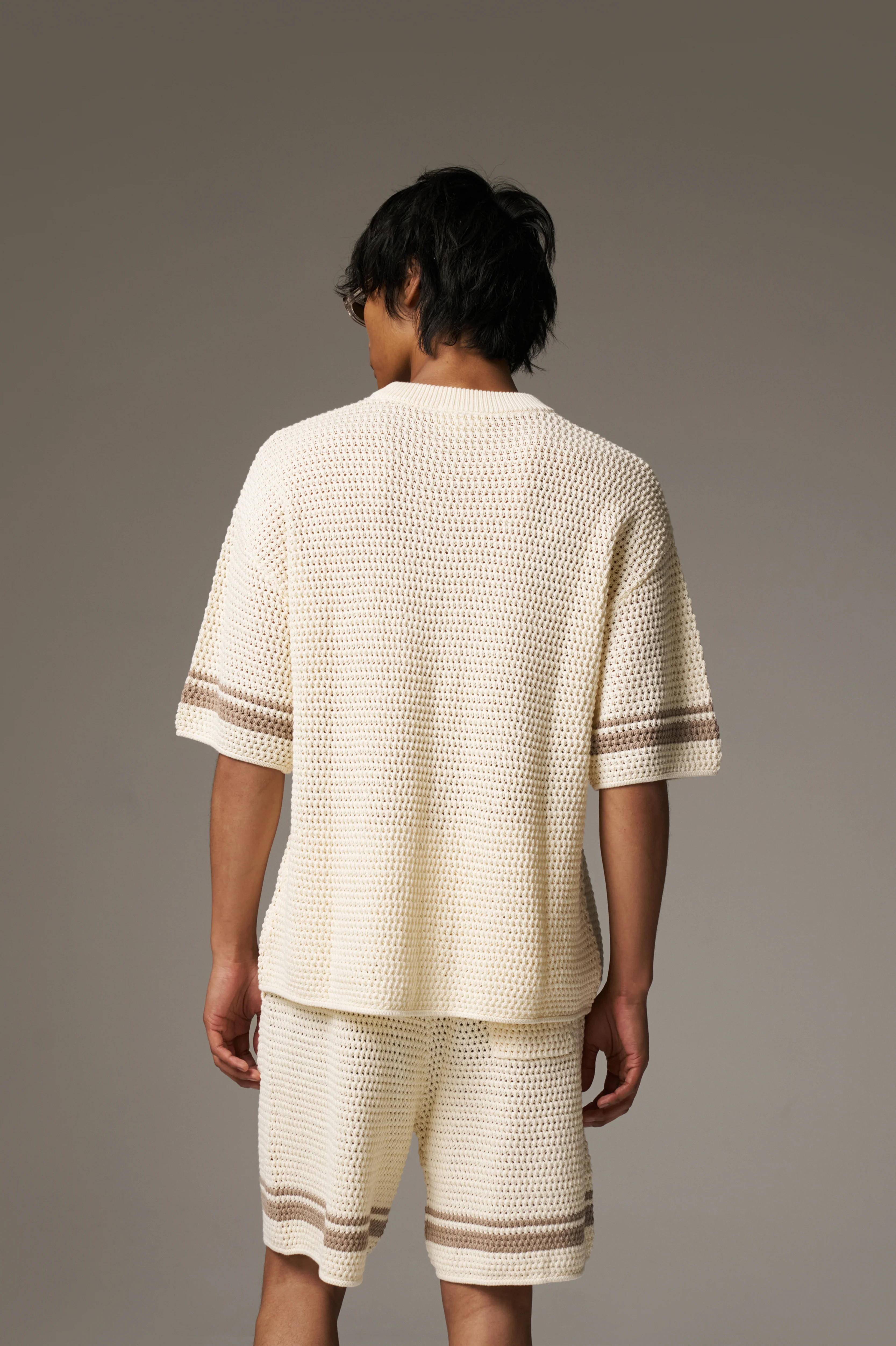 CROCHET KNITTED CONTRAST STRIPE T-SHIRT - OFF WHITE