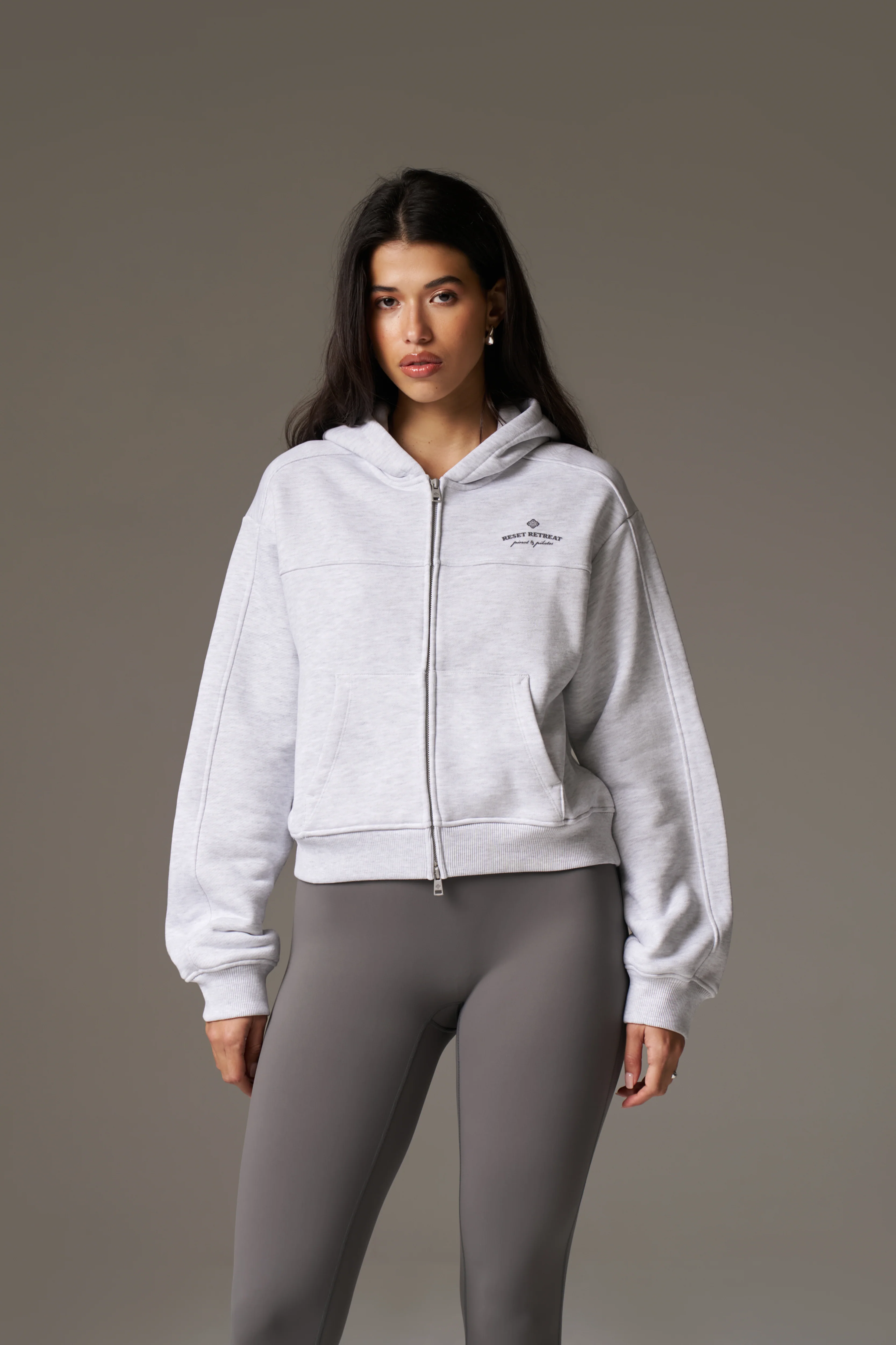 PILATES & PINOT ZIP THROUGH CROPPED HOODIE - GREY MARL