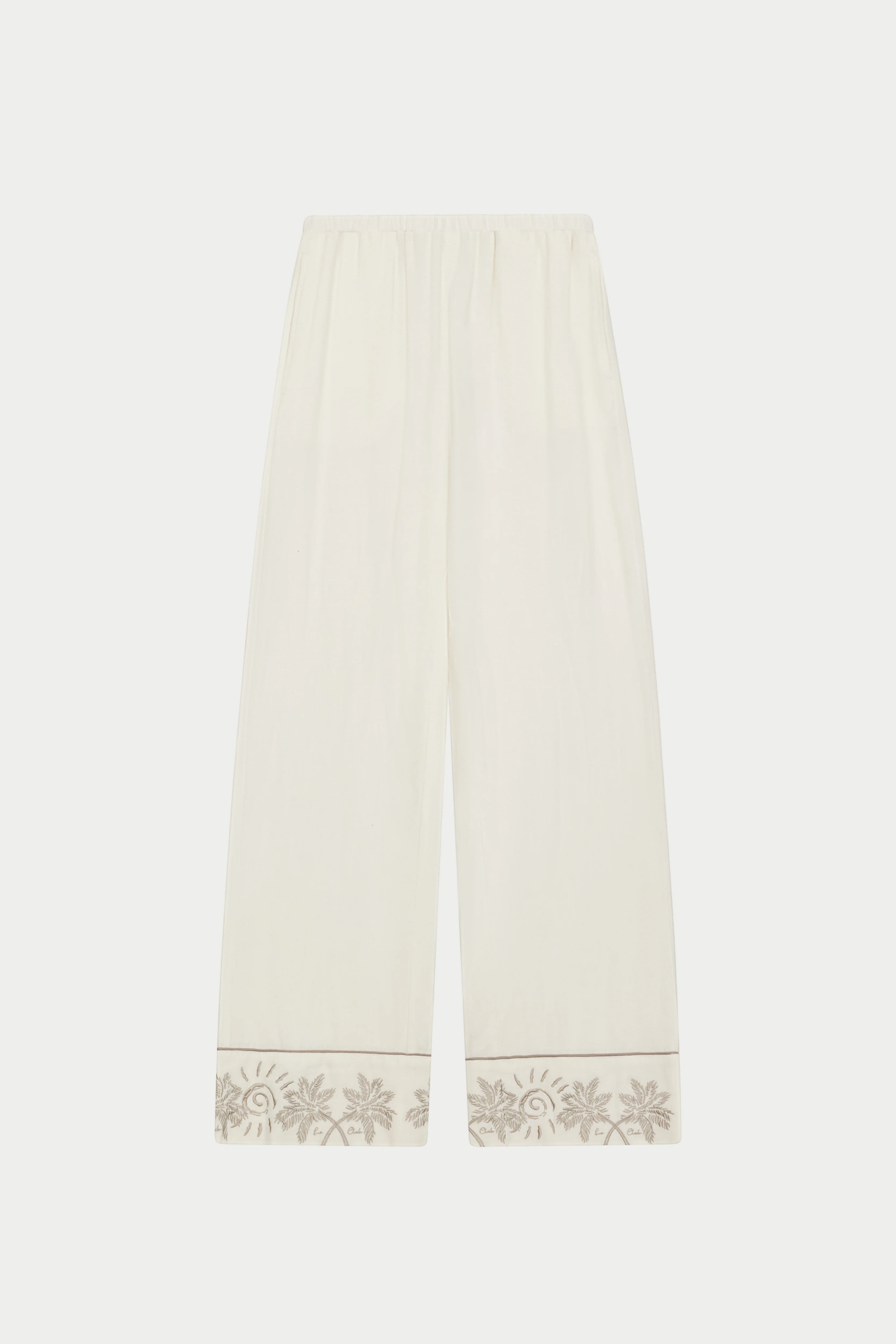 PALM EMBROIDERED WIDE LEG TROUSERS - OFF WHITE