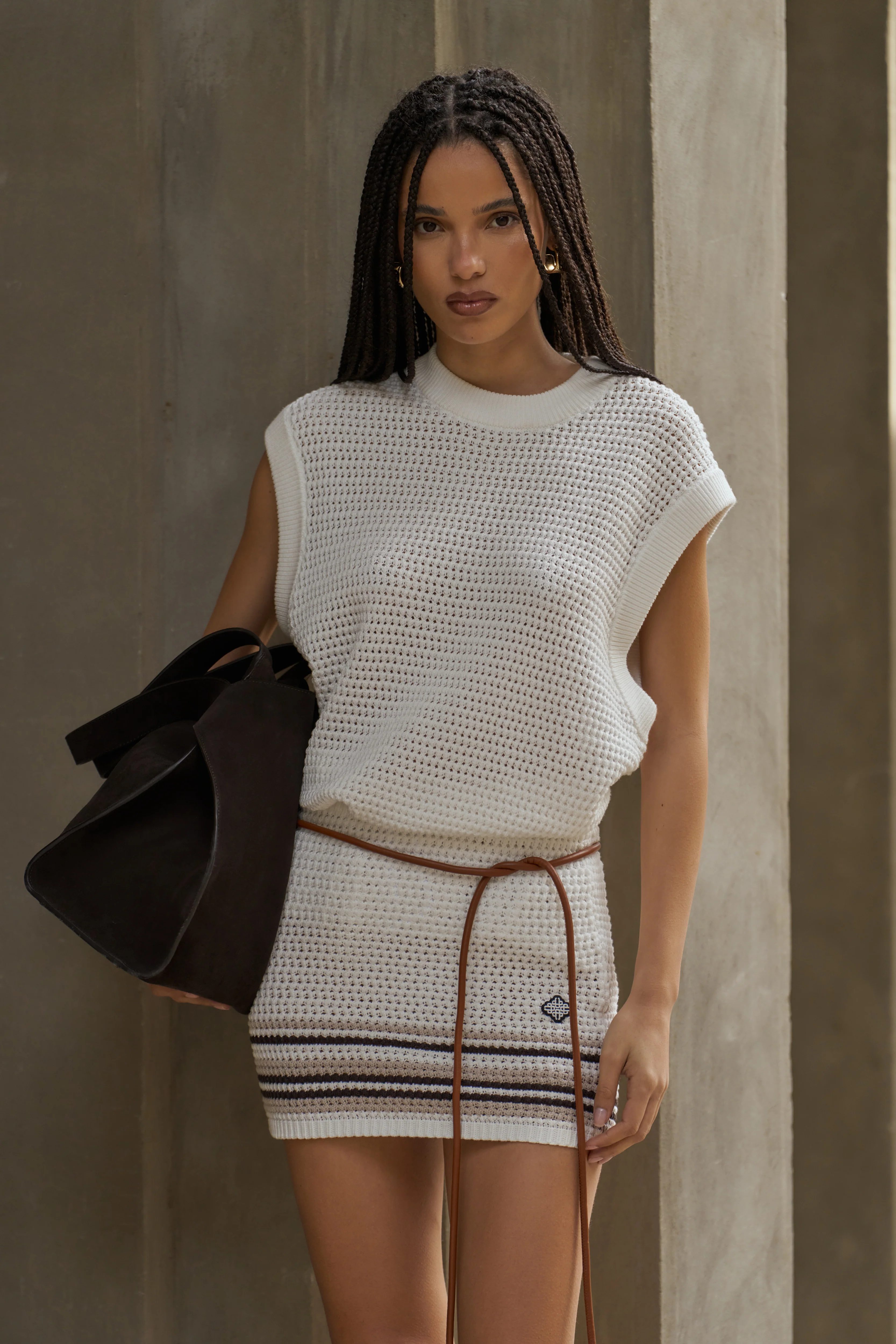 STRIPE CROCHET KNITTED MINI SKIRT - OFF WHITE