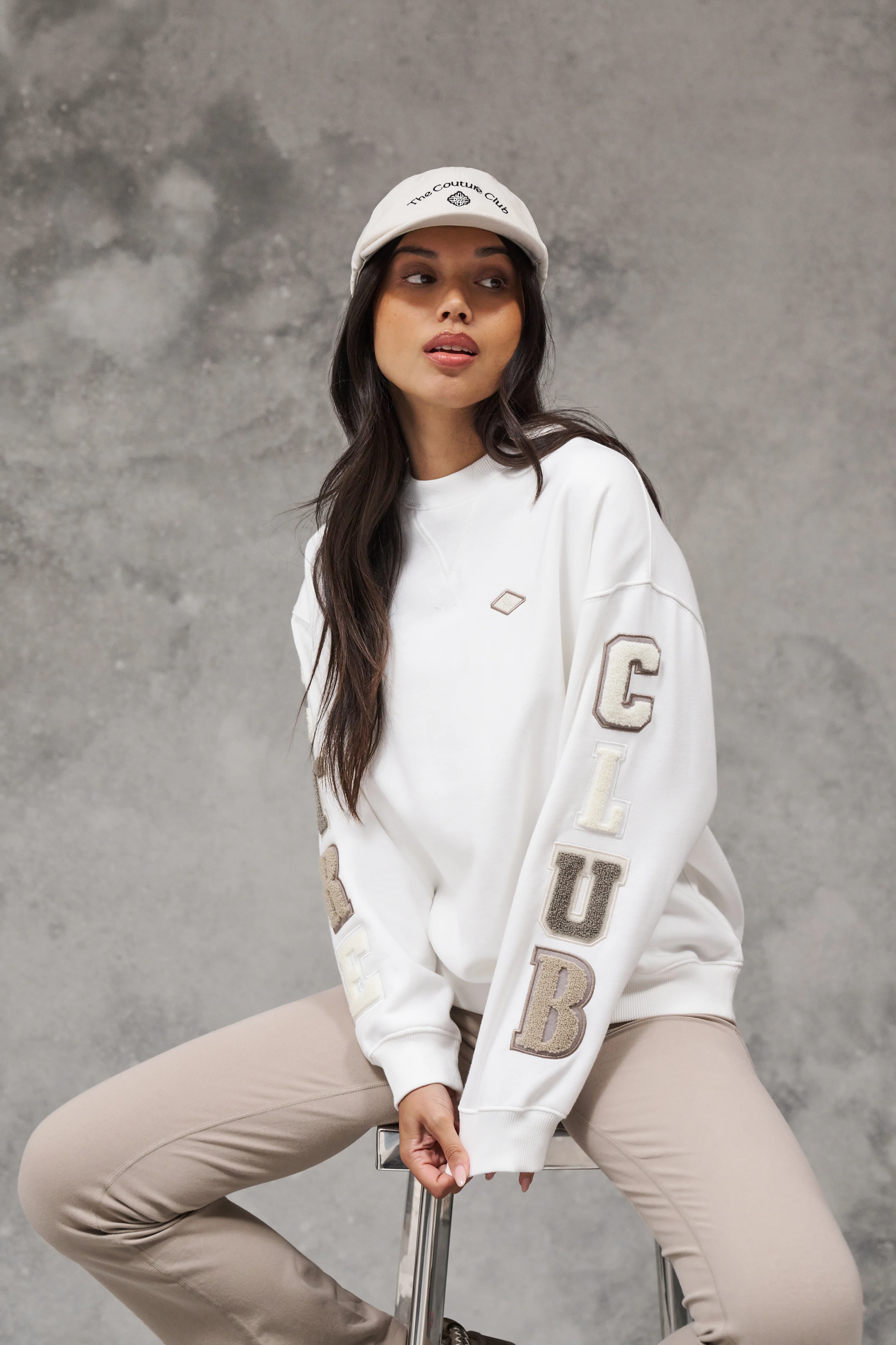 TONAL MULTIBADGED CHENILLE SWEATSHIRT - BEIGE