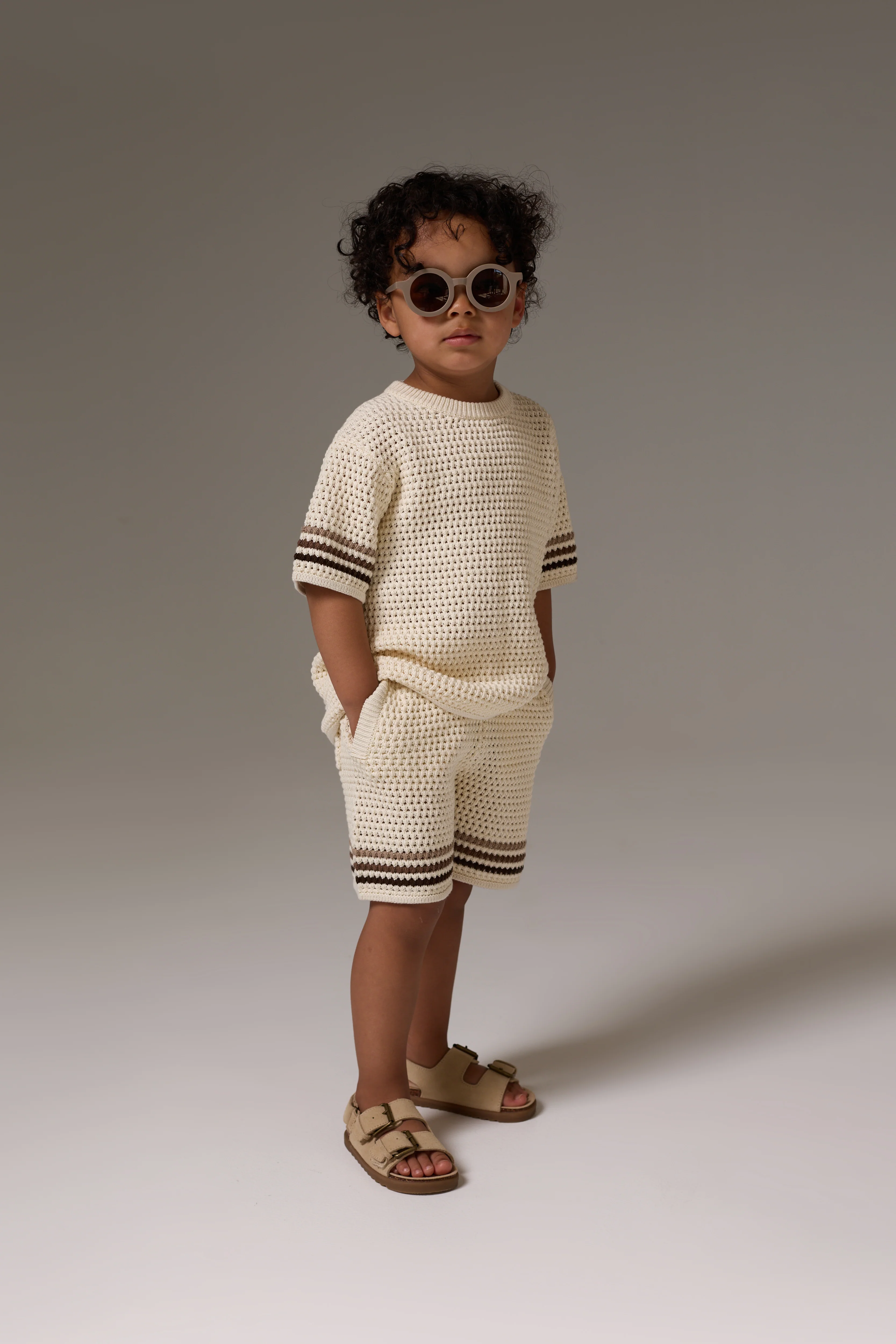 KIDS STRIPE CROCHET KNIT T-SHIRT - OFF WHITE