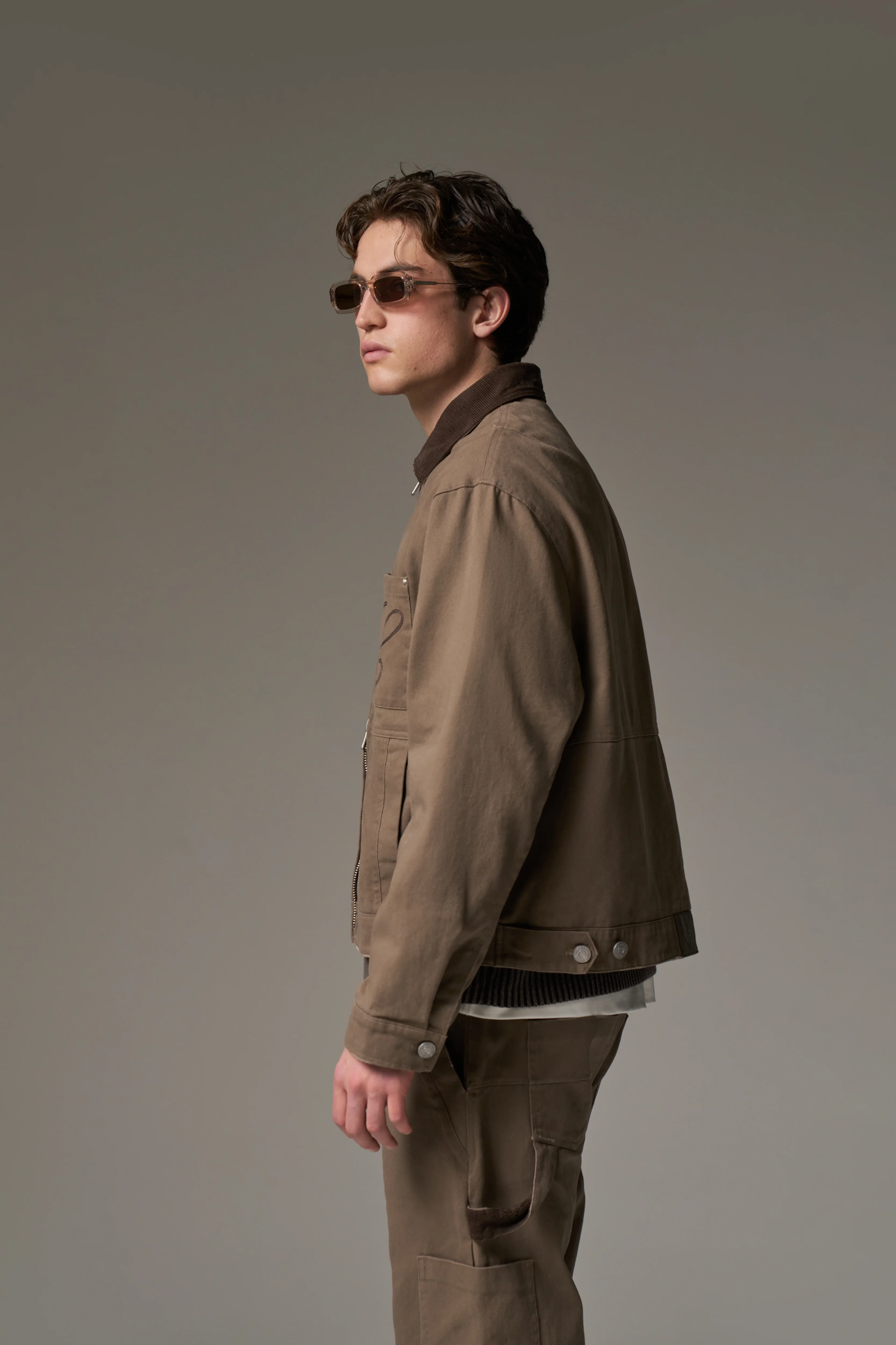 TWILL CONTRAST COLLAR JACKET - WASHED BROWN