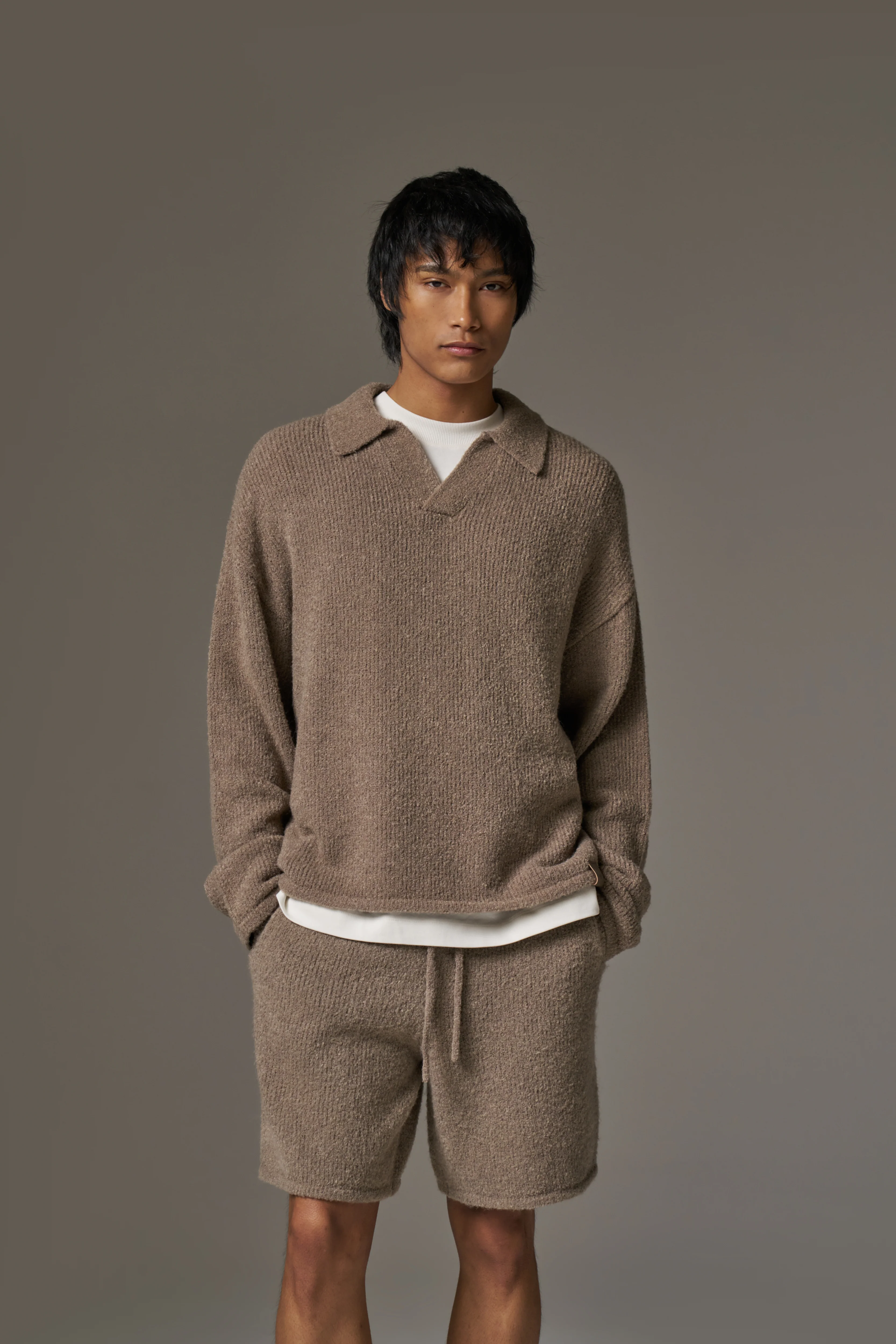 BOUCLE KNIT LONG SLEEVE POLO - BROWN