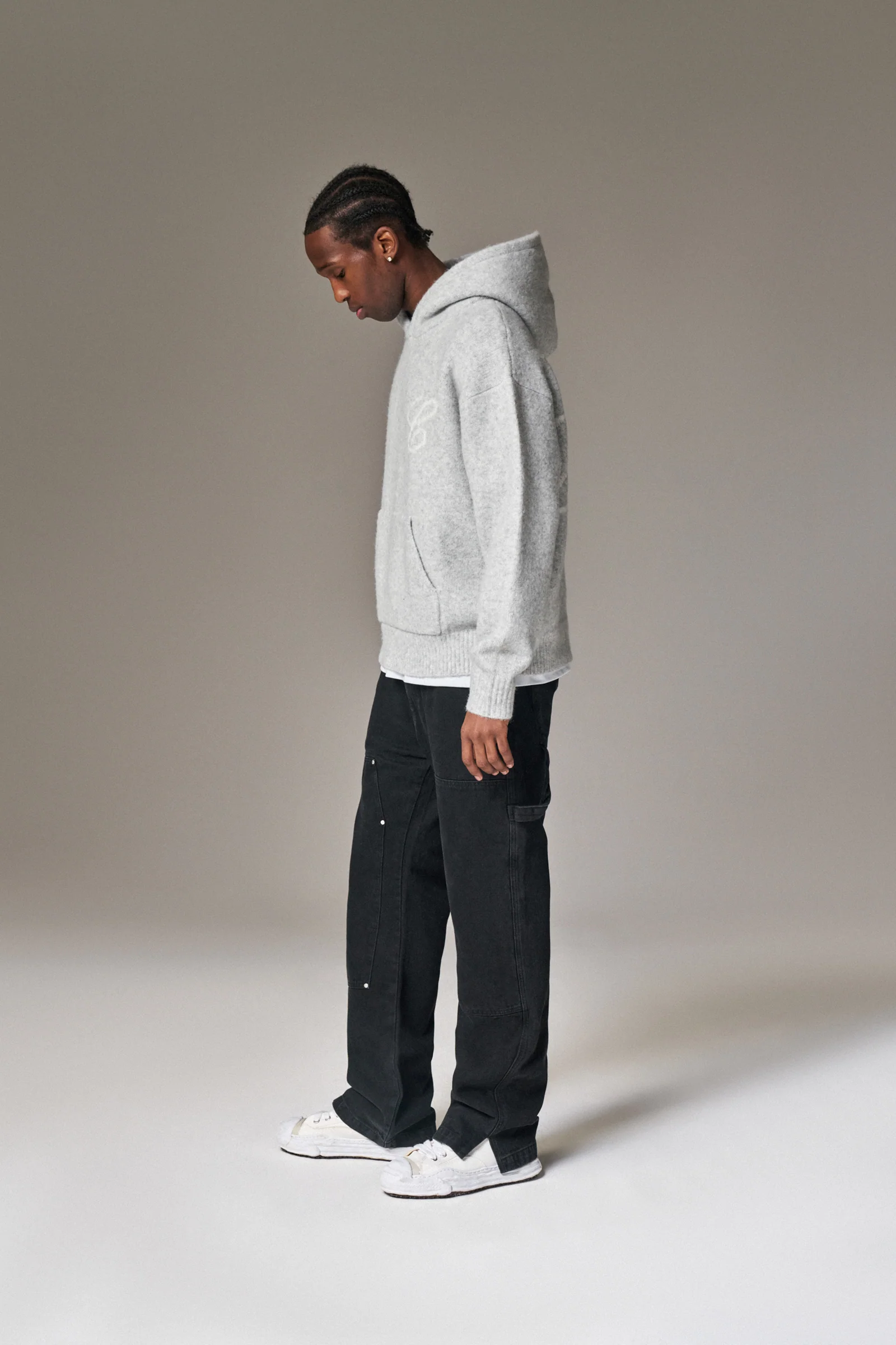 SCRIPT LOGO GRAPHIC KNITTED HOODIE - GREY MARL