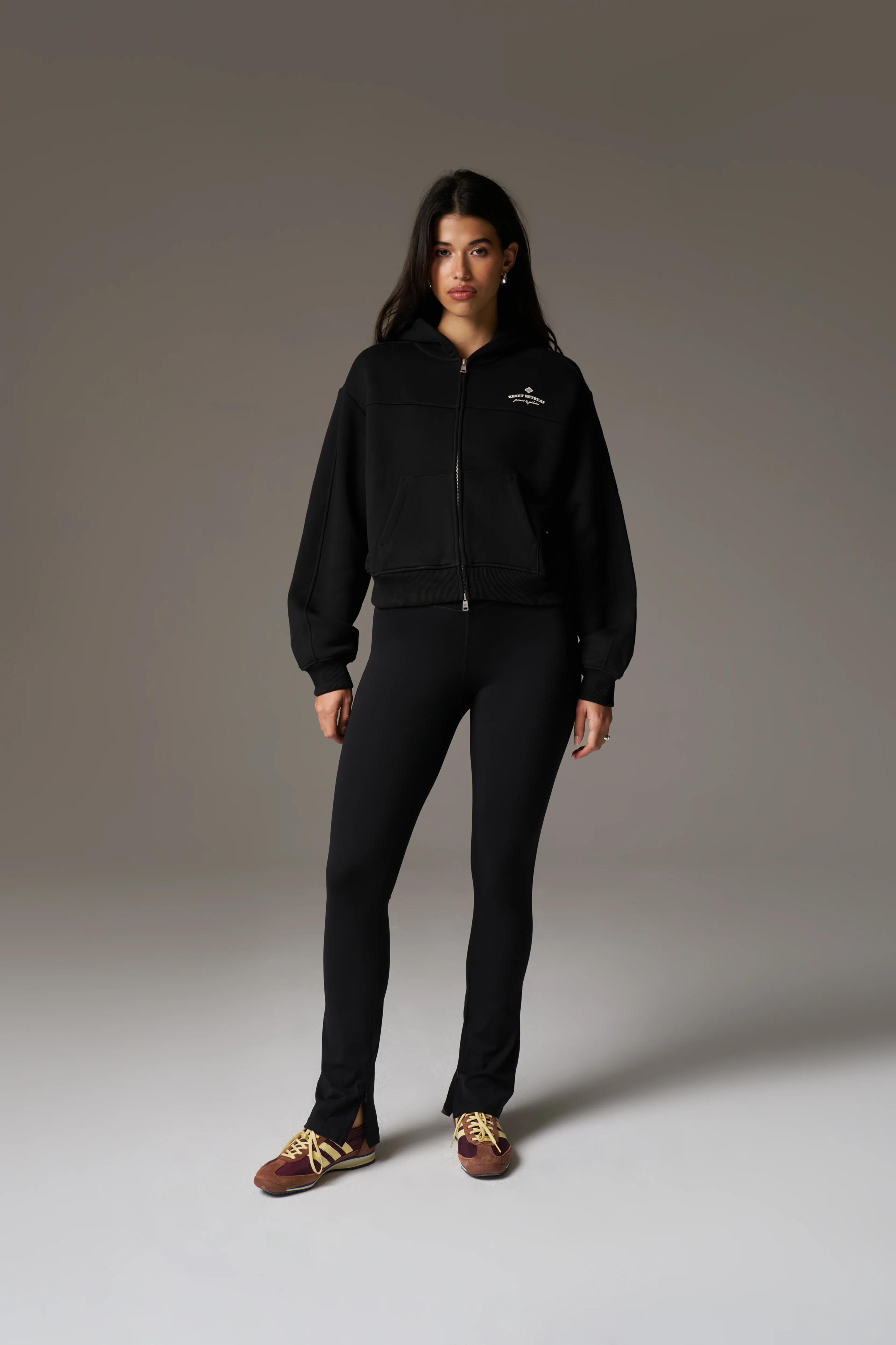 PILATES & PINOT ZIP THROUGH CROPPED HOODIE - BLACK
