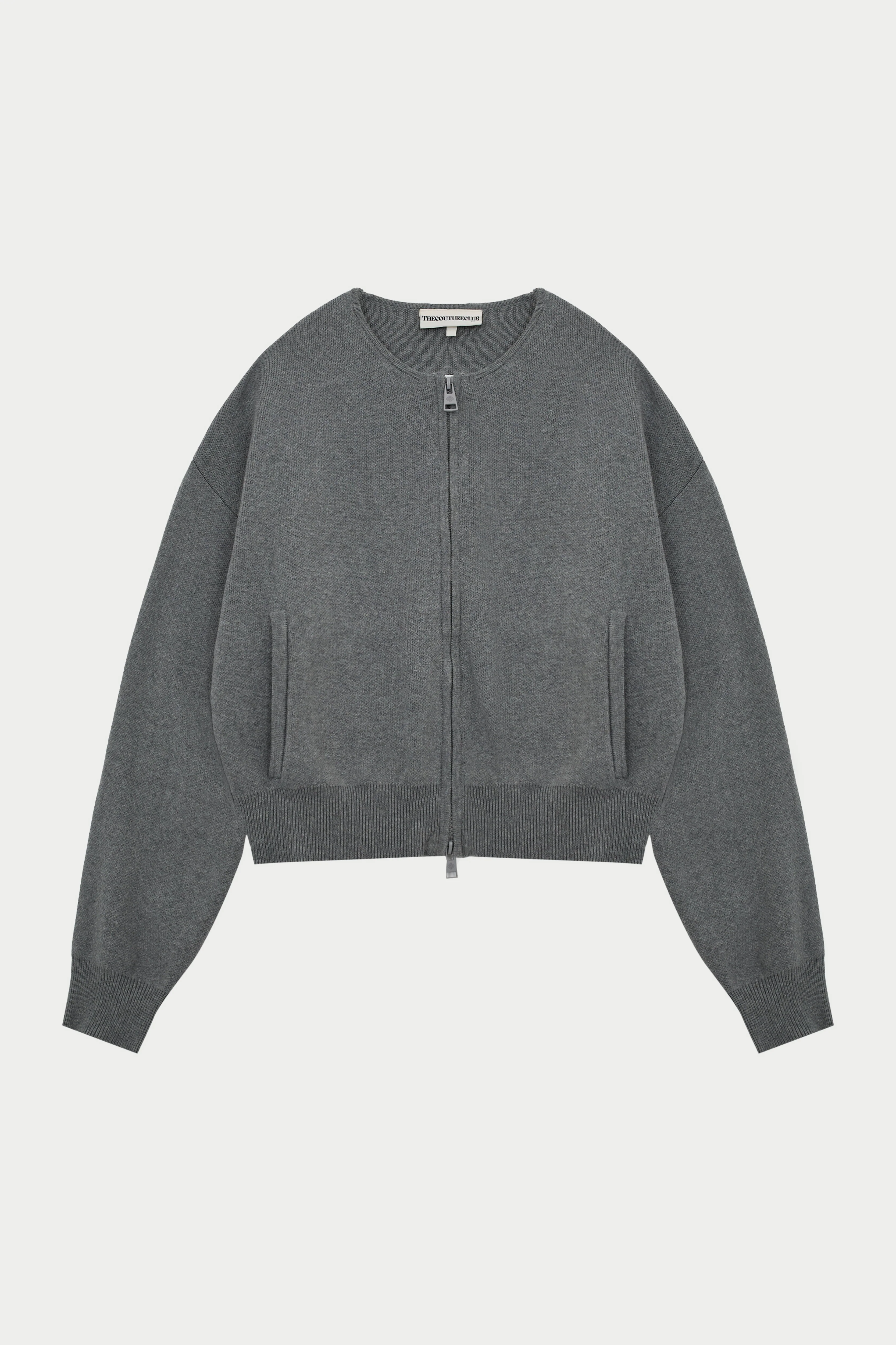 COLLARLESS KNITTED ZIP THROUGH BOMBER - GREY MARL