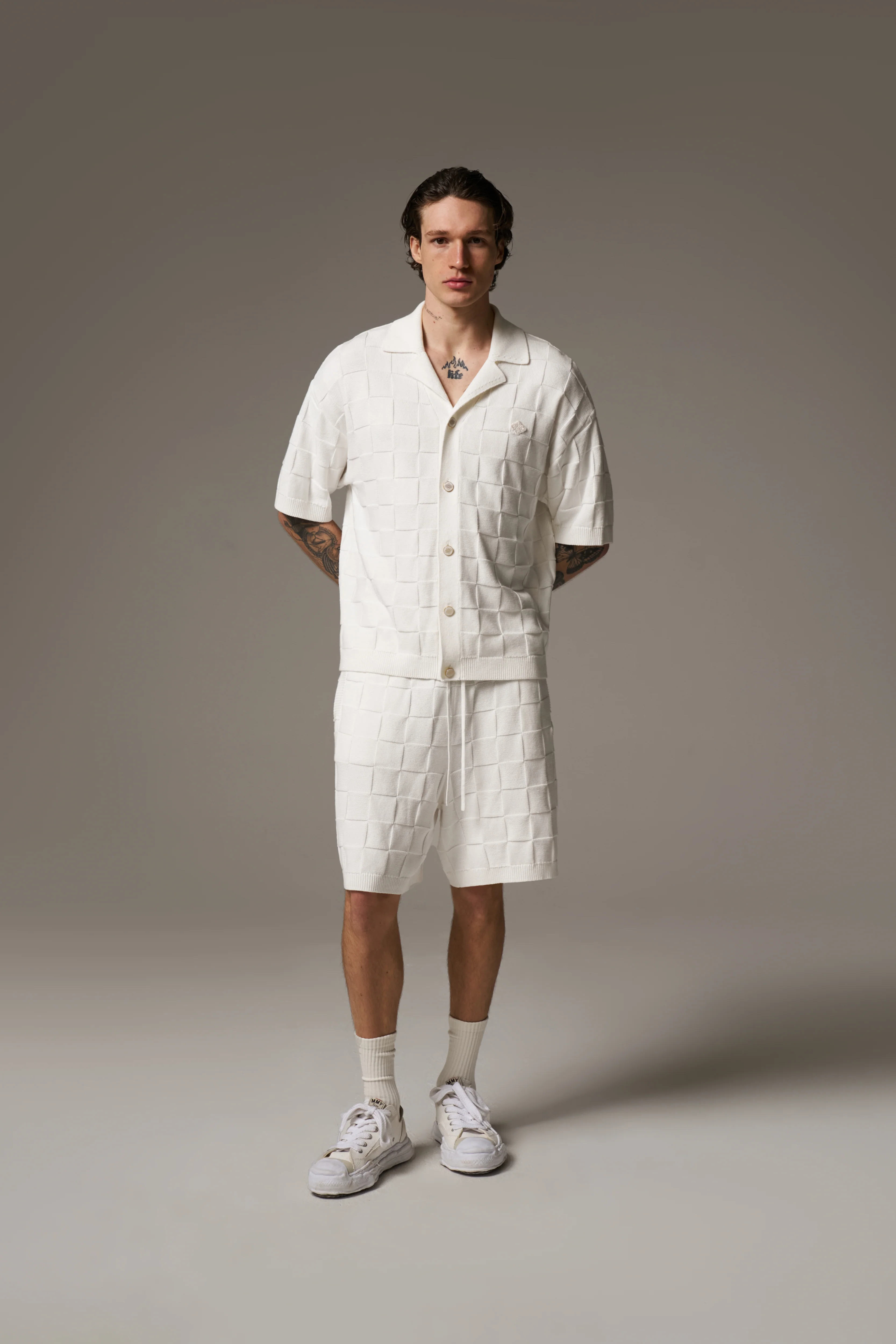 CHECKERBOARD KNITTED SHIRT - OFF WHITE