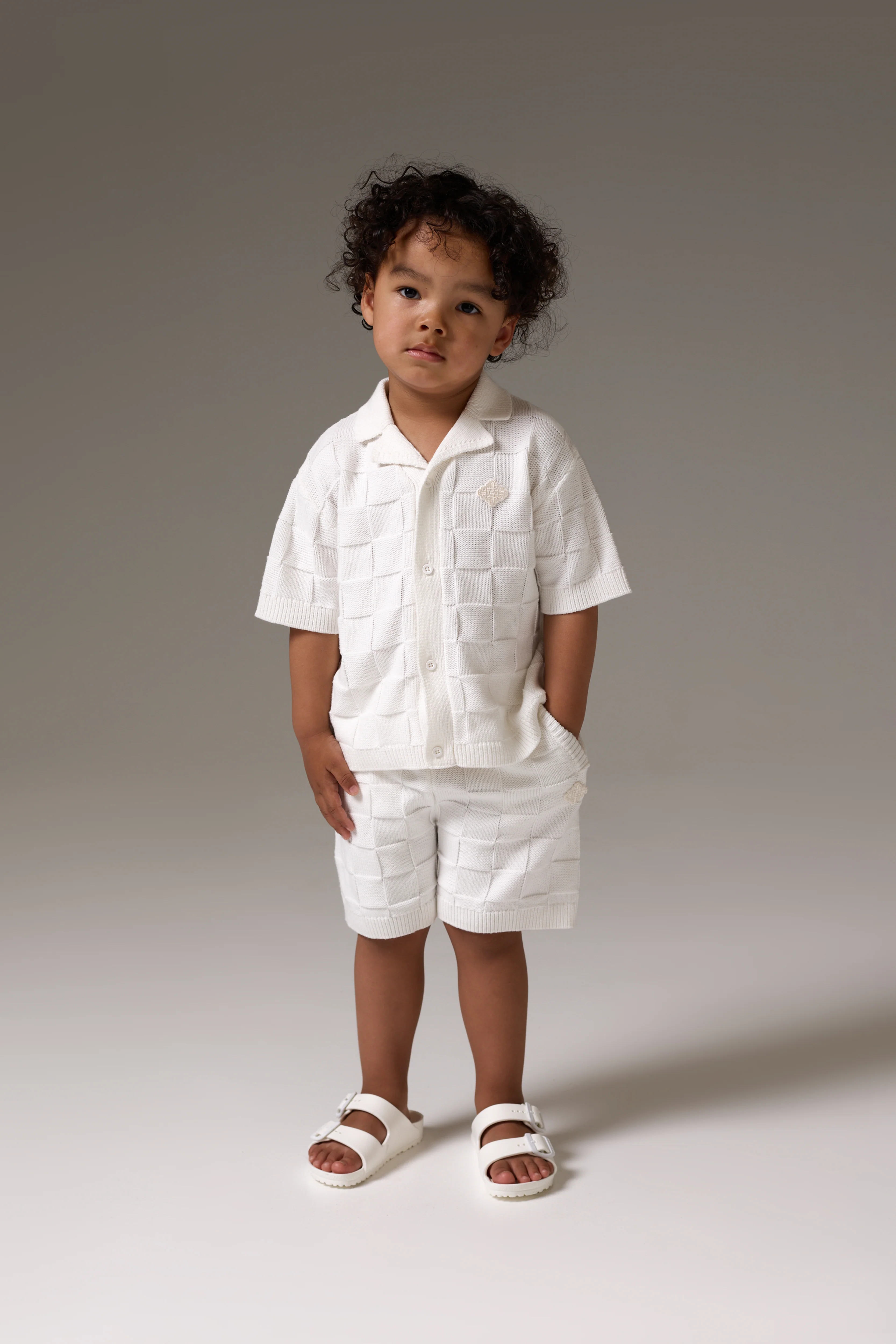 KIDS CHECKERBOARD KNITTED SHIRT - OFF WHITE