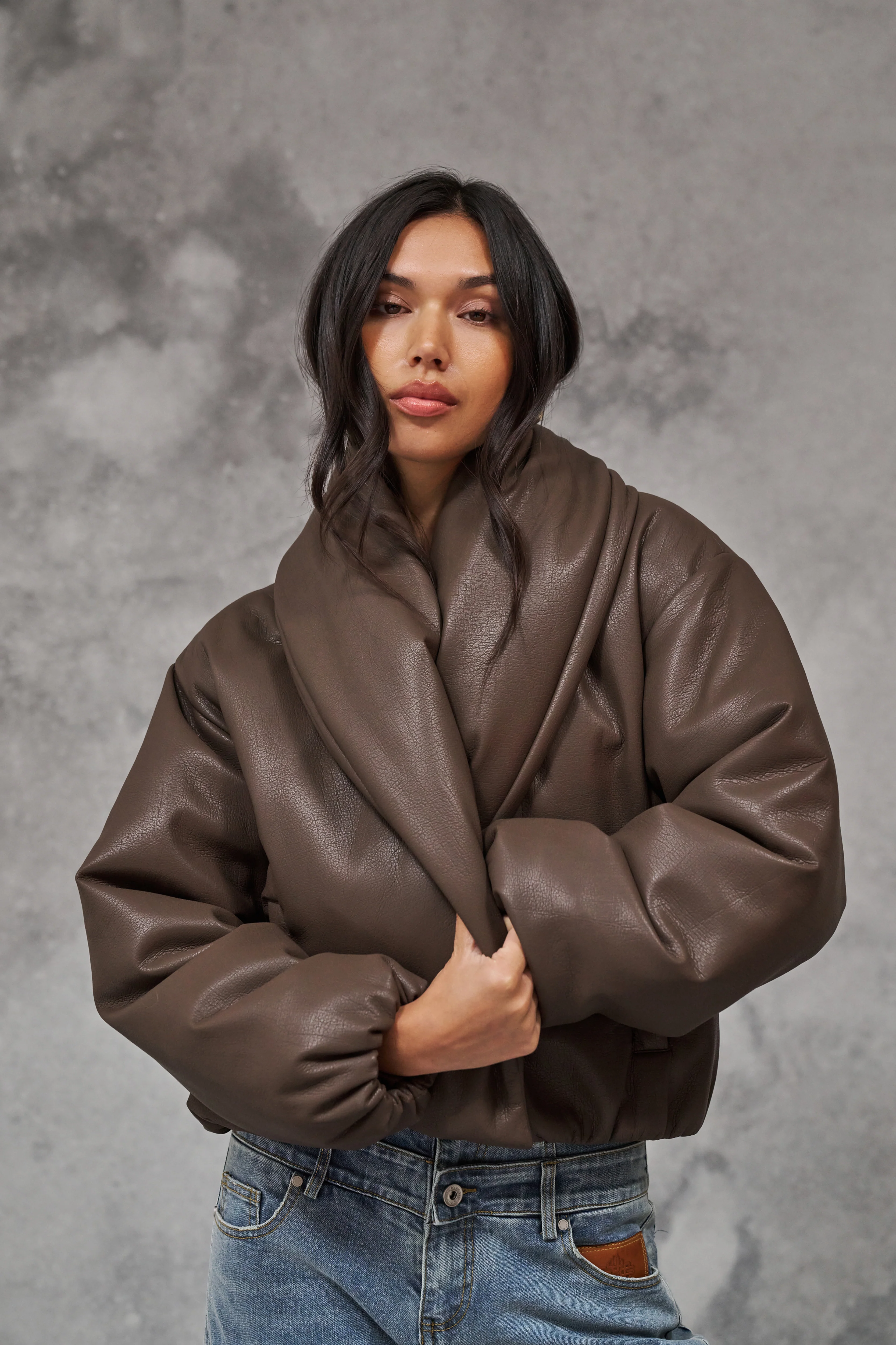 OVERSIZED COLLAR FAUX LEATHER PUFFER COAT - BROWN