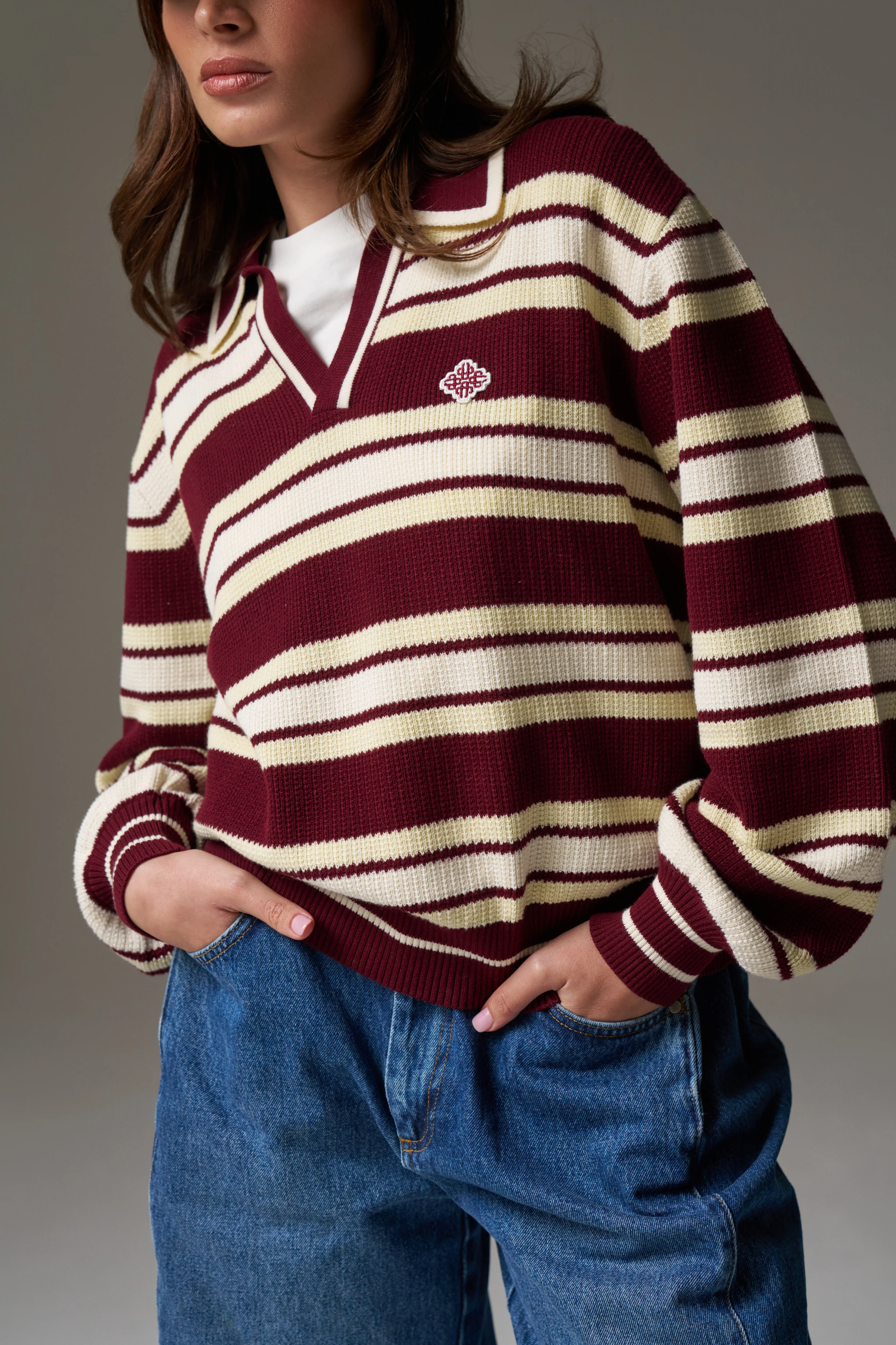 STRIPE KNITTED POLO SWEATSHIRT - BURGUNDY