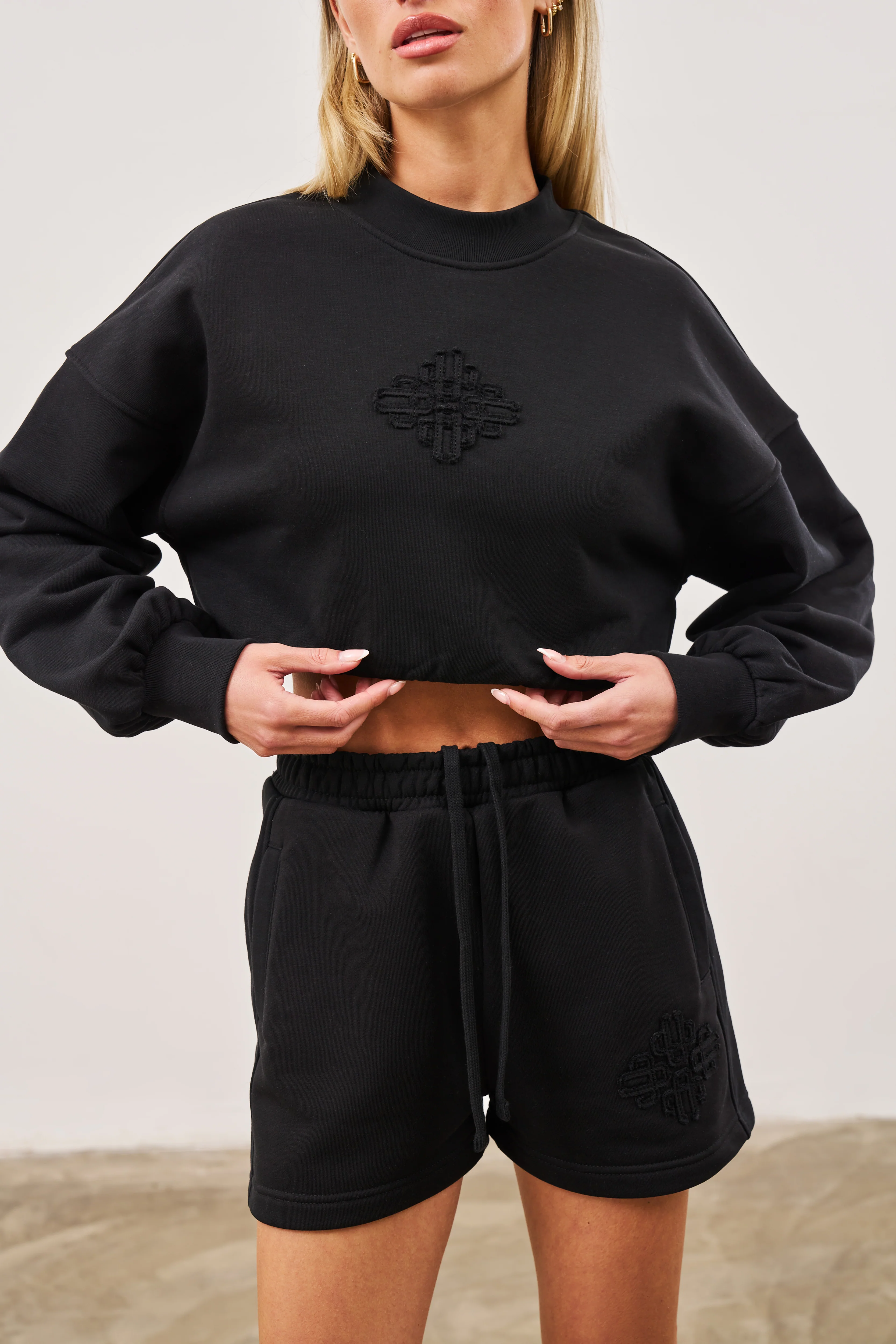 EMBLEM APPLIQUE CROP SWEATSHIRT - BLACK