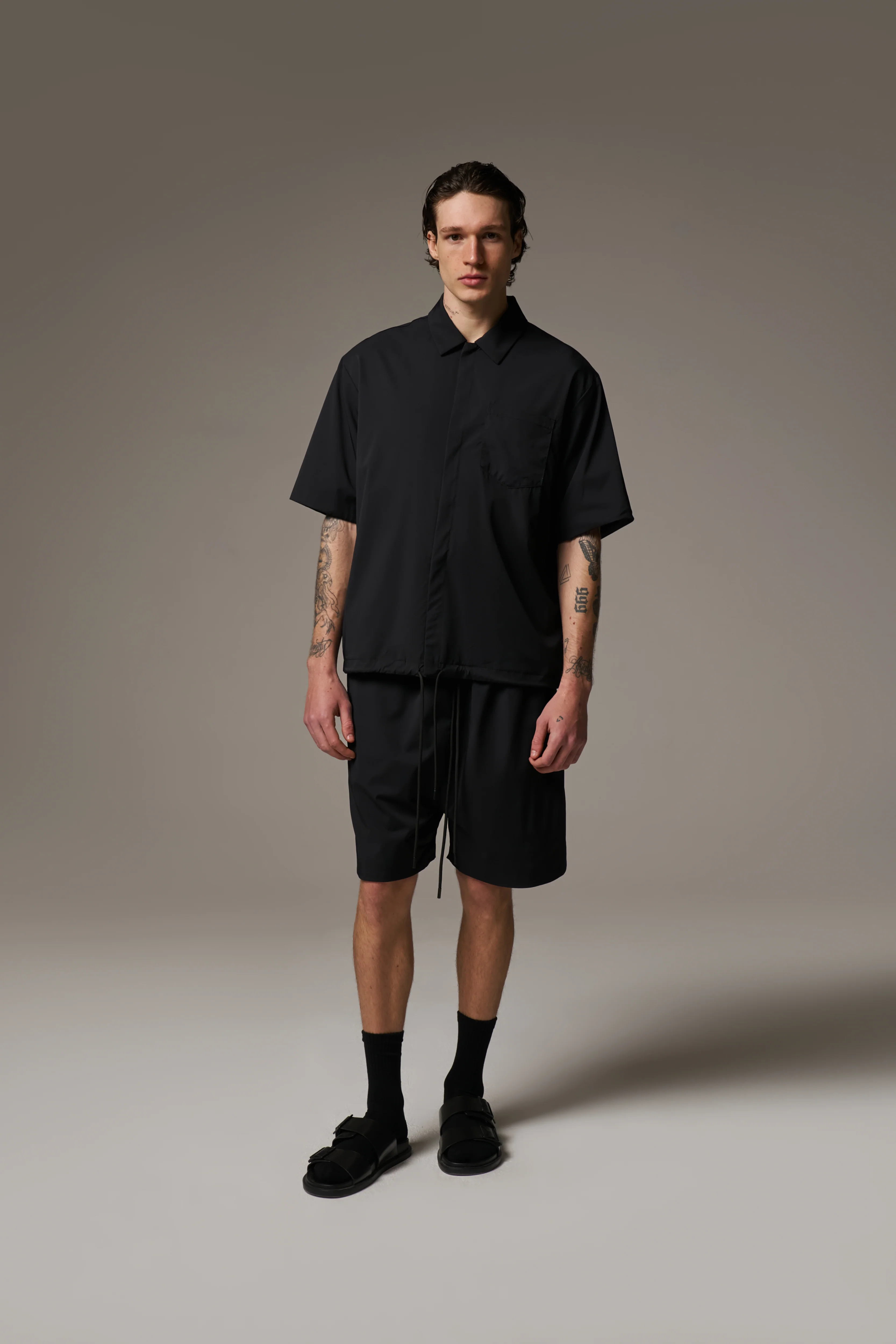 NYLON DRAWCORD SHIRT - BLACK