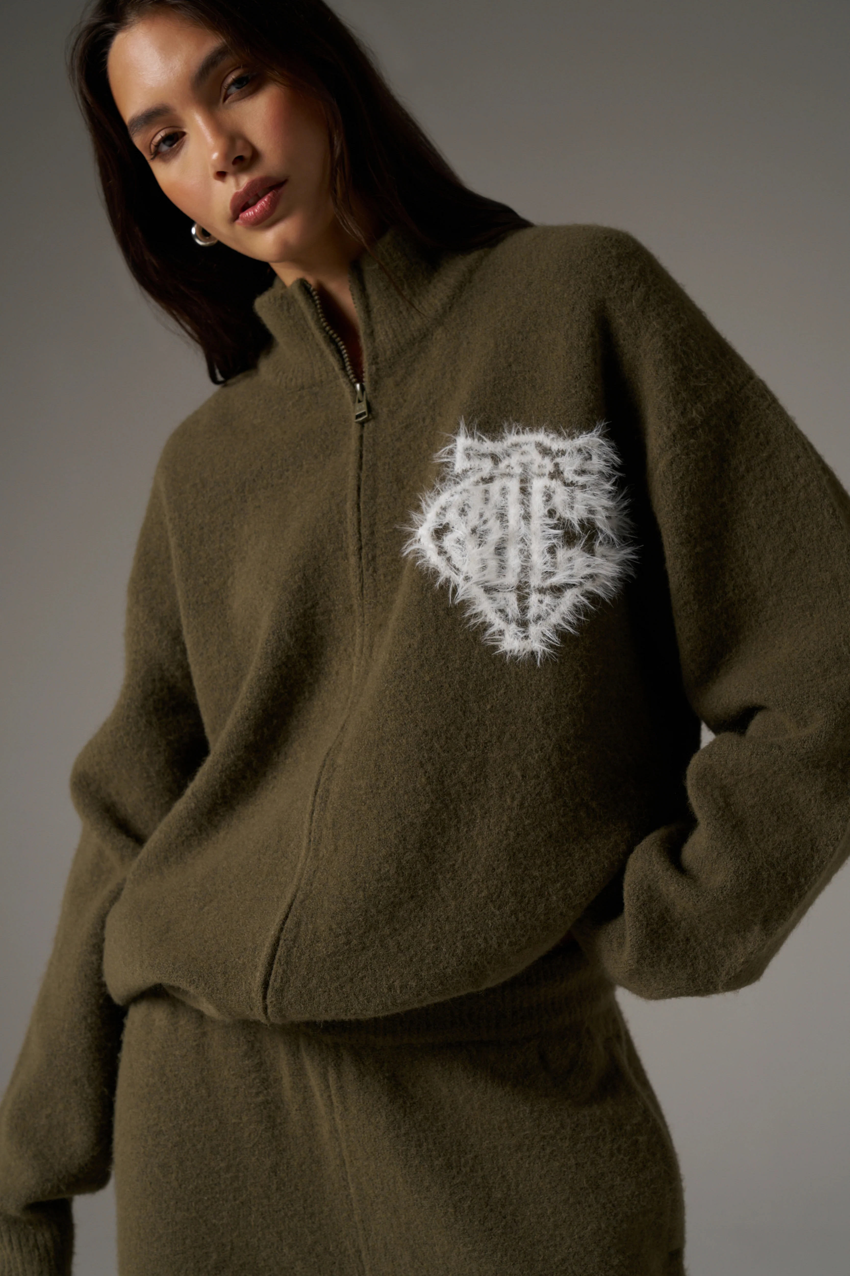 MONOGRAM EMBLEM FLUFFY KNIT ZIP THROUGH - KHAKI