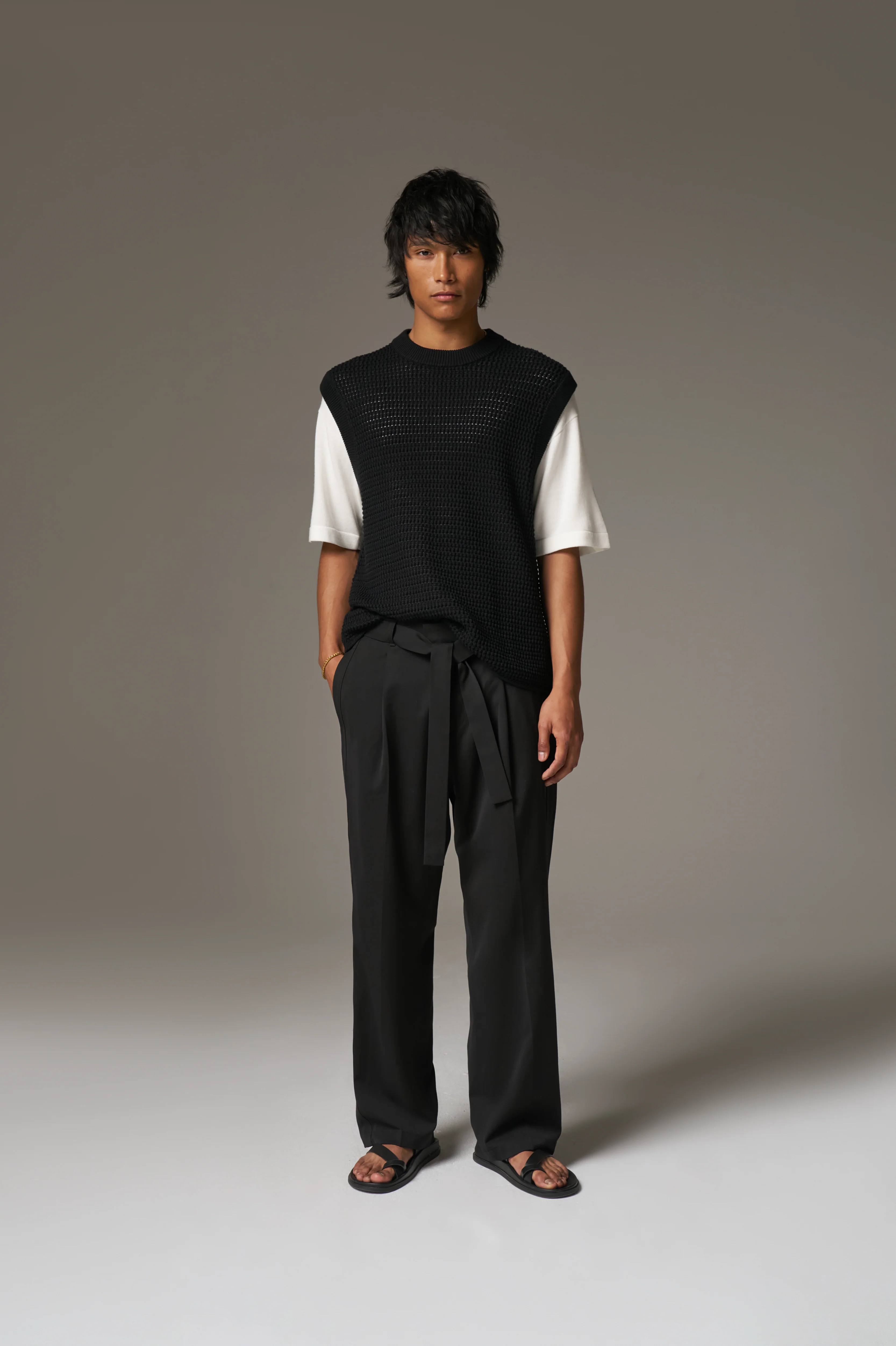 SMART TIE BELTED TROUSERS - BLACK