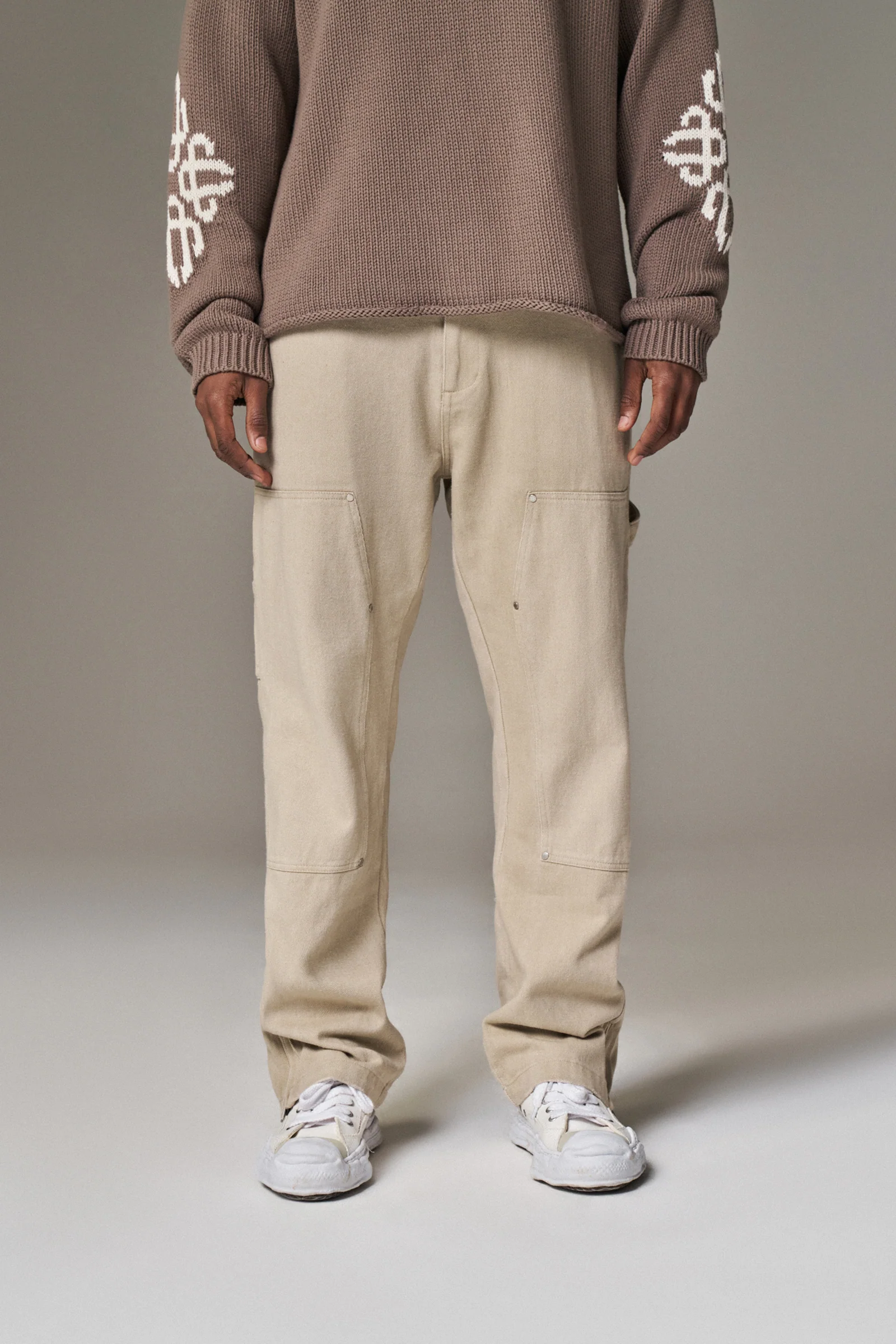 TWILL RIVET DETAIL CARPENTER PANT - BEIGE