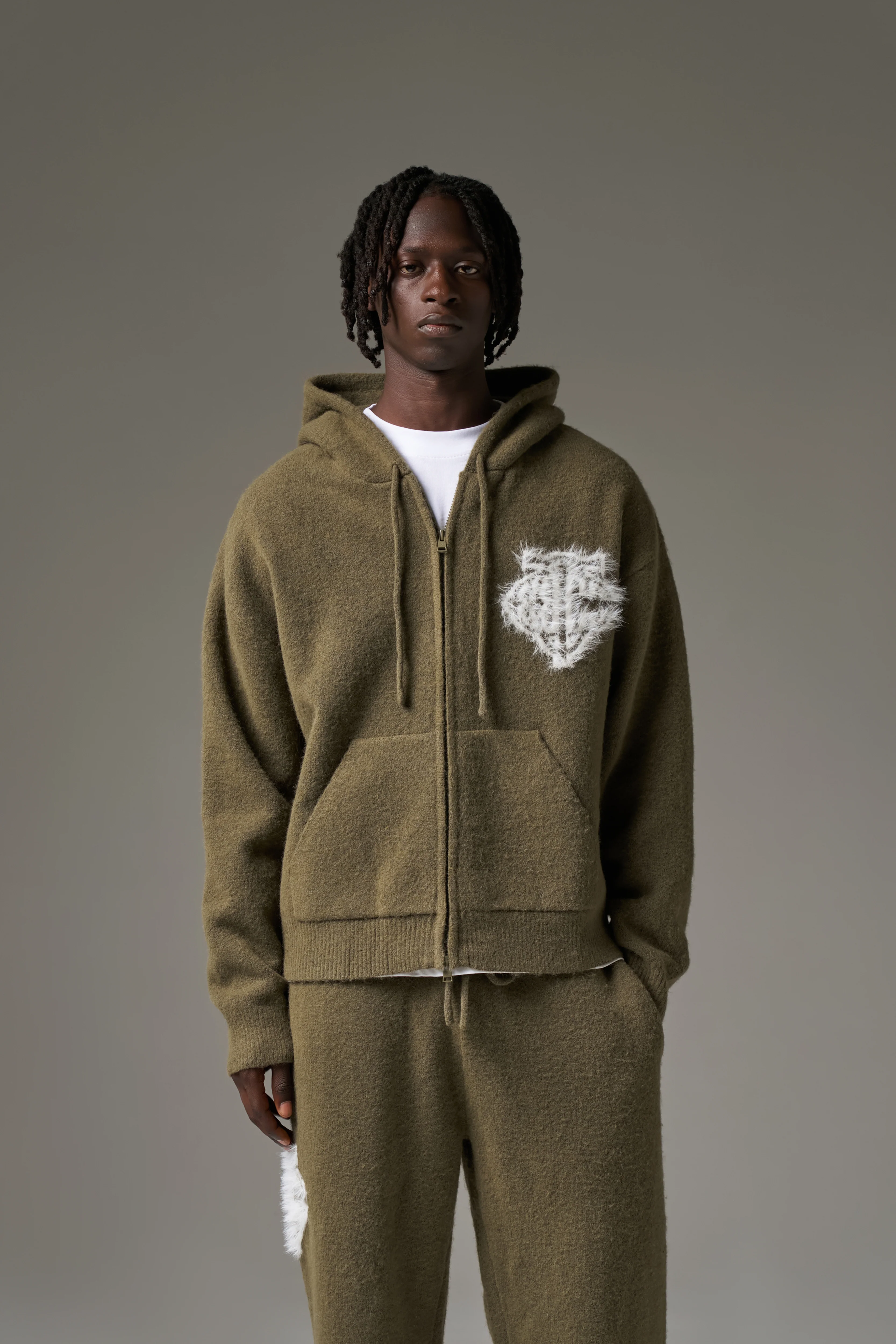 MONOGRAM EMBLEM FLUFFY KNIT ZIP THROUGH HOODIE - KHAKI