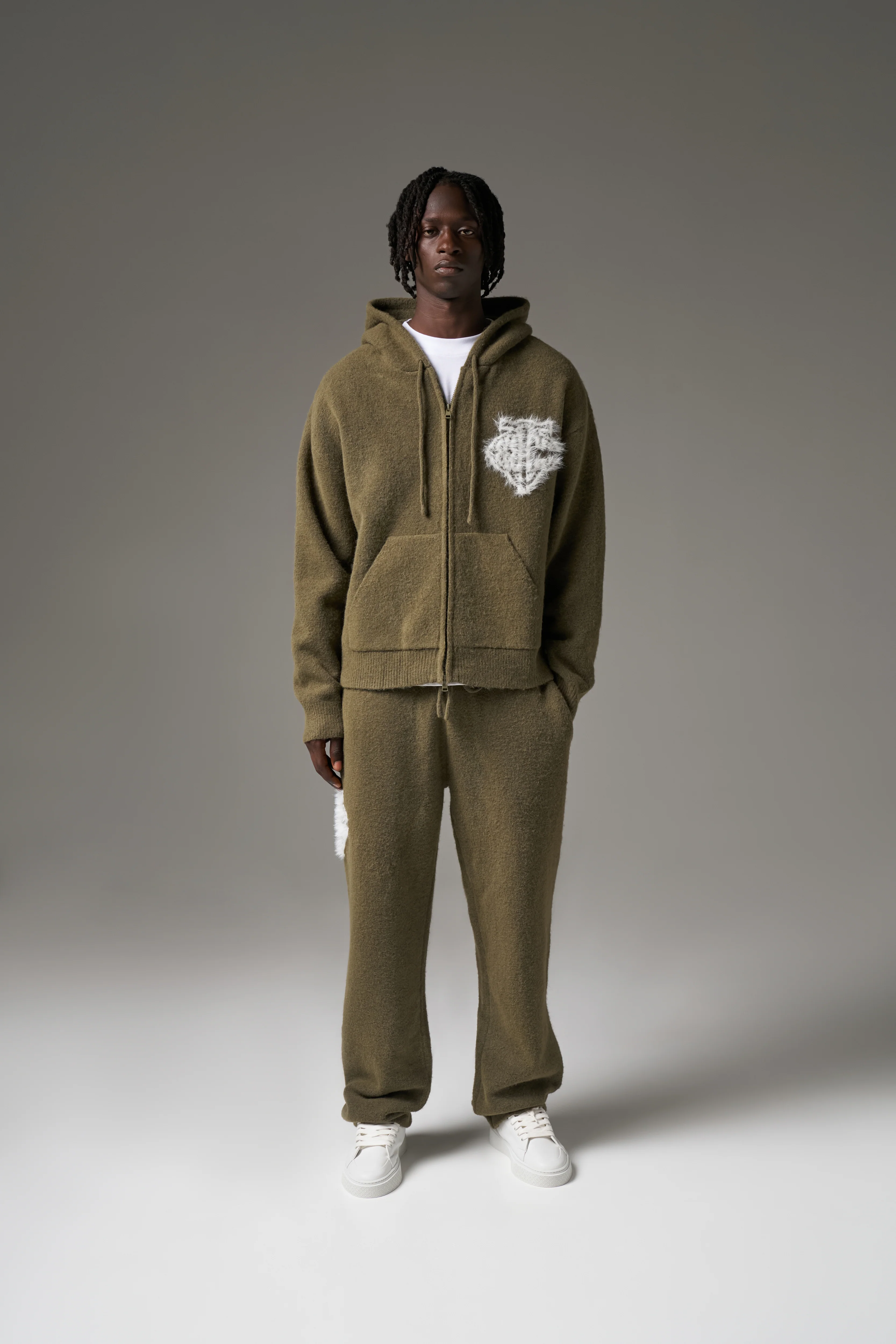 MONOGRAM EMBLEM FLUFFY KNIT ZIP THROUGH HOODIE - KHAKI