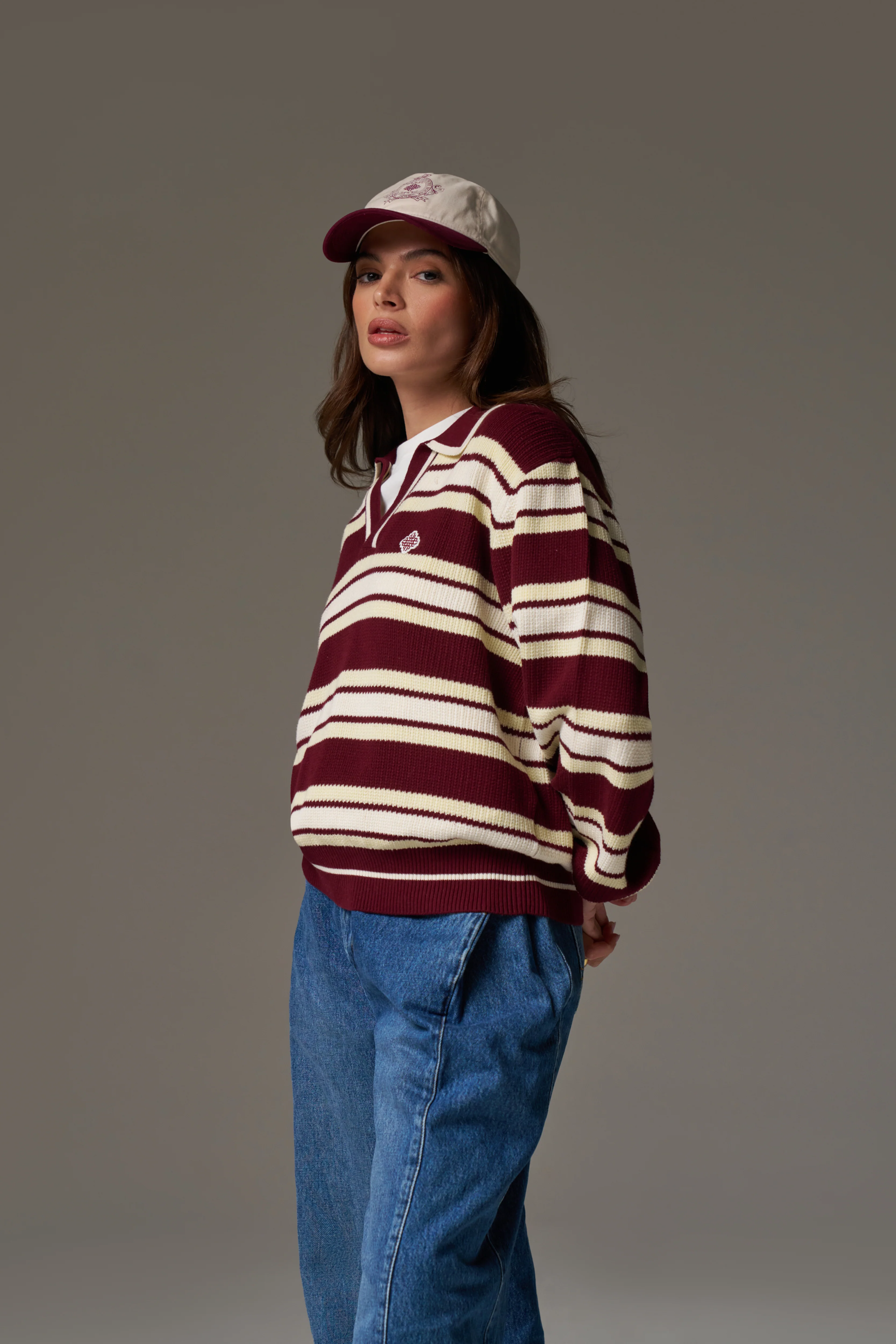STRIPE KNITTED POLO SWEATSHIRT - BURGUNDY