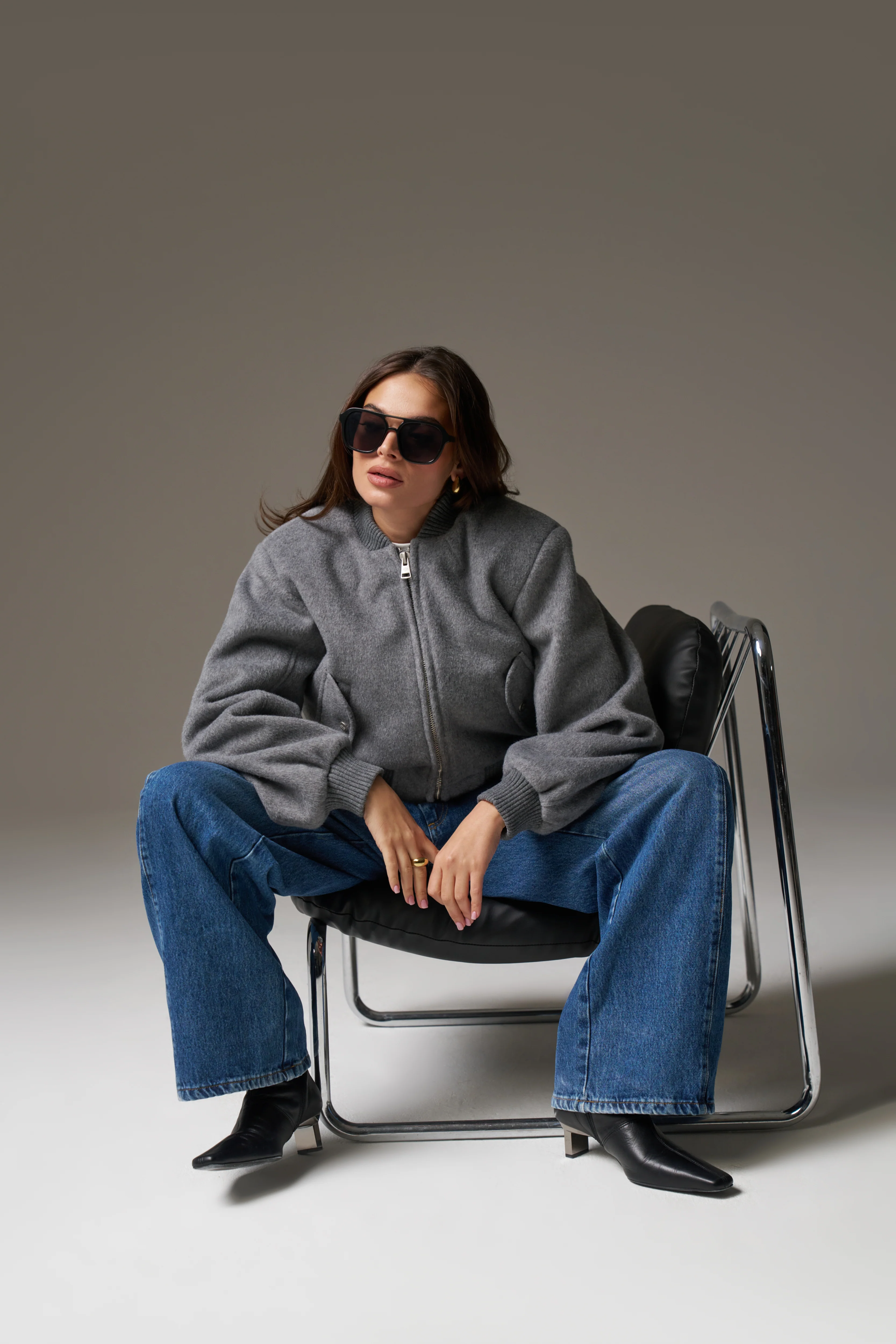 SHOULDER PADDED WOOL BLEND BOMBER JACKET - GREY MARL