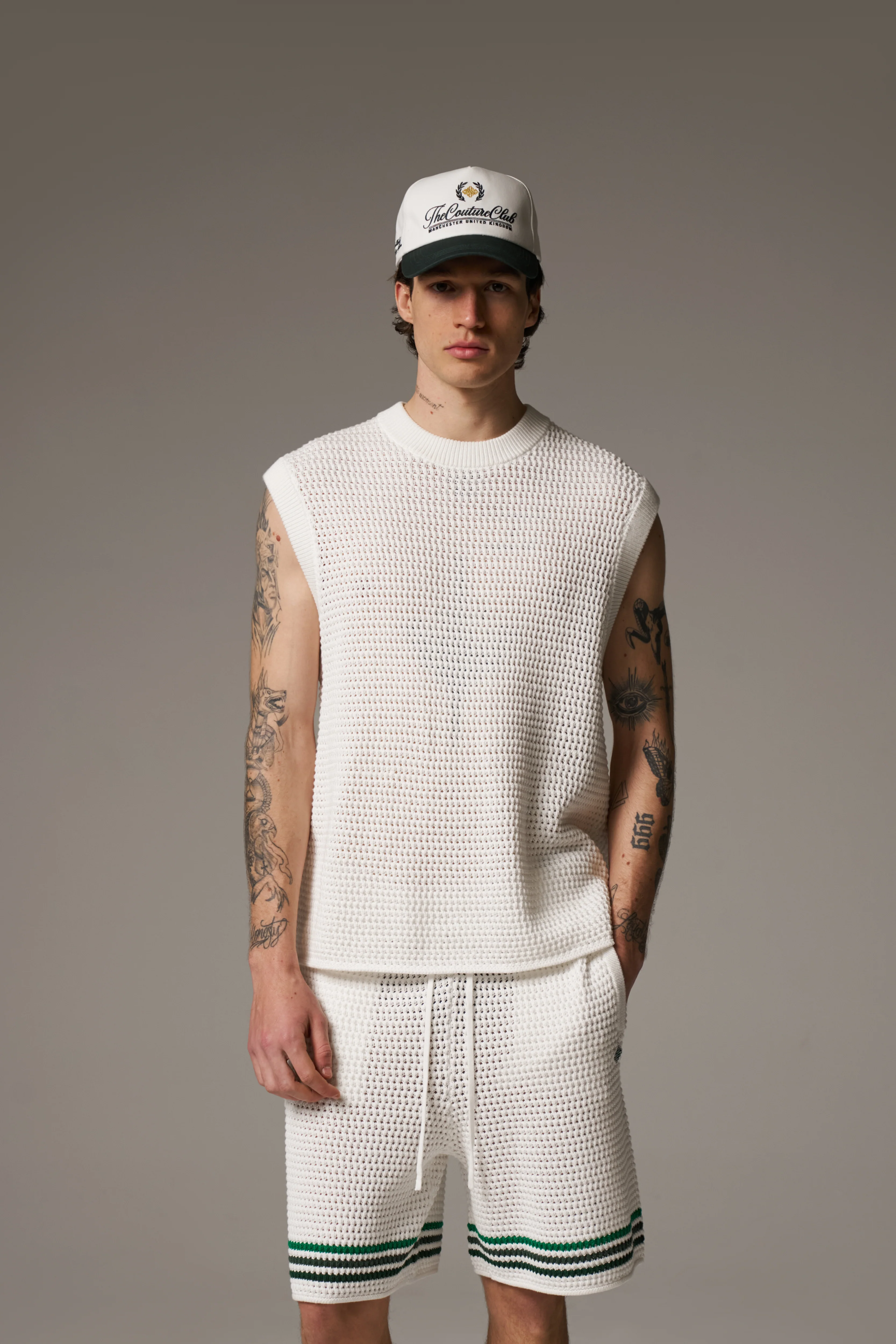 STRIPE CROCHET KNIT SHORTS - WHITE