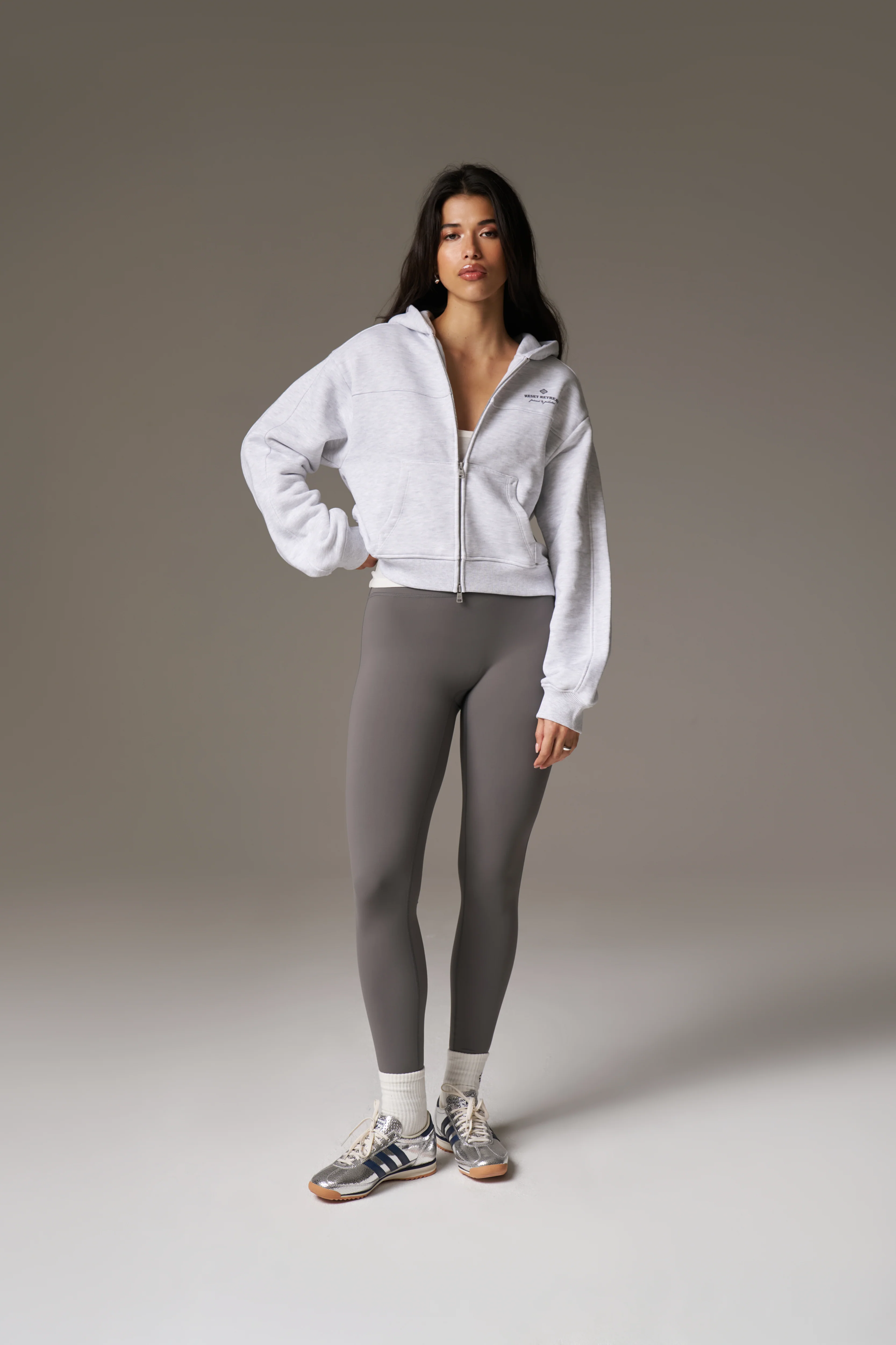 PILATES & PINOT ZIP THROUGH CROPPED HOODIE - GREY MARL