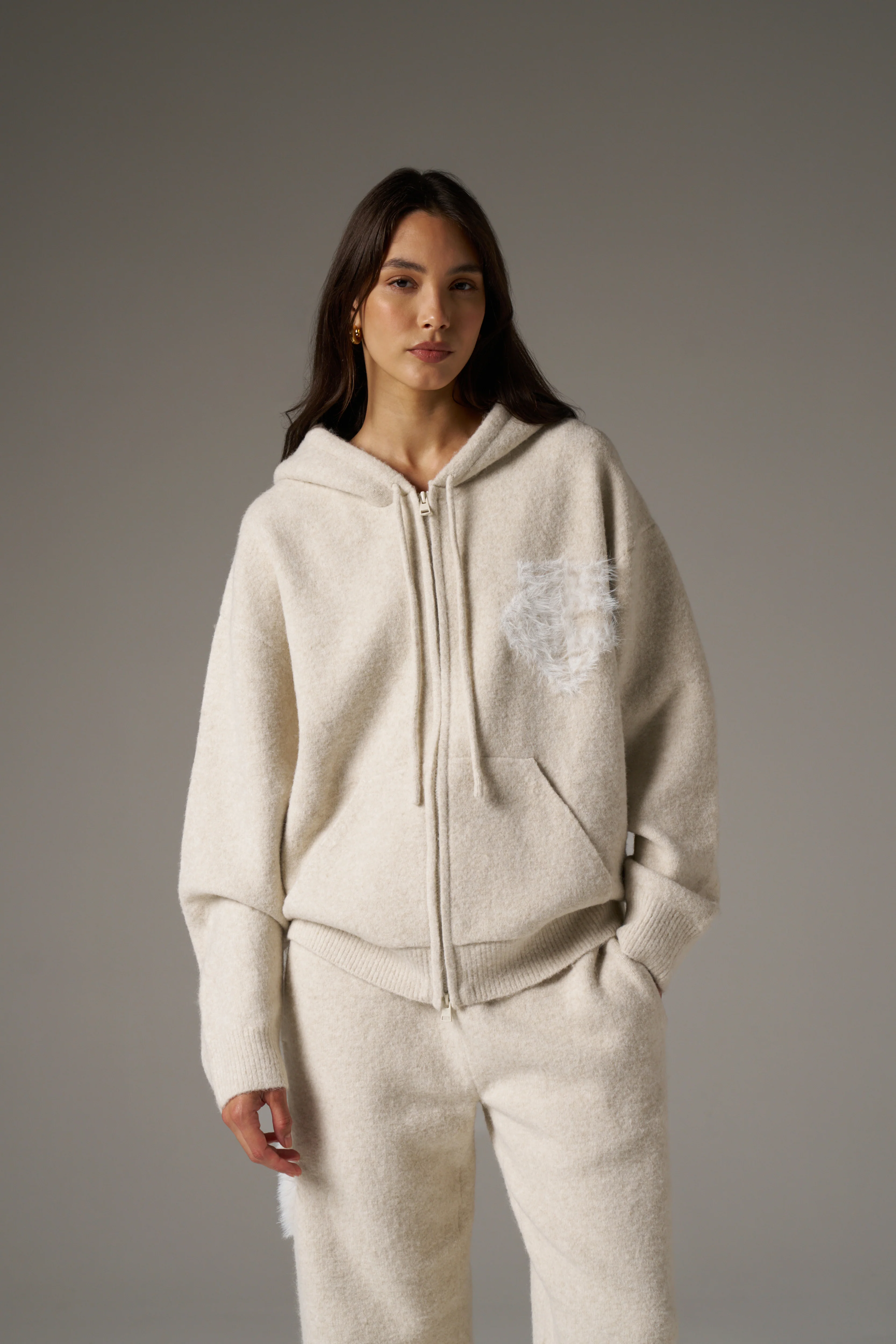 MONOGRAM EMBLEM FLUFFY KNIT ZIP THROUGH HOODIE - BEIGE