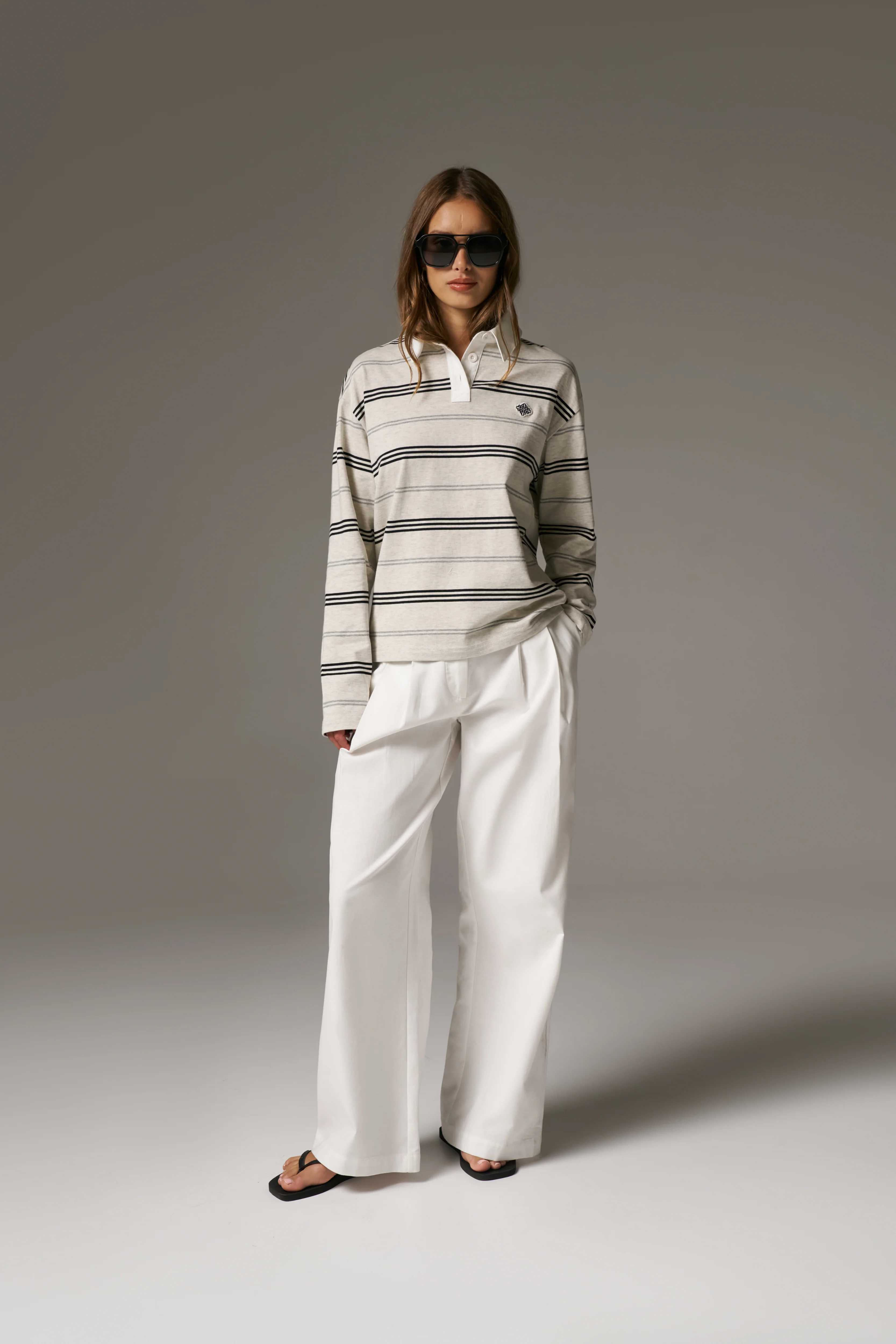 STRIPED LONG SLEEVE POLO TEE - GREY MARL