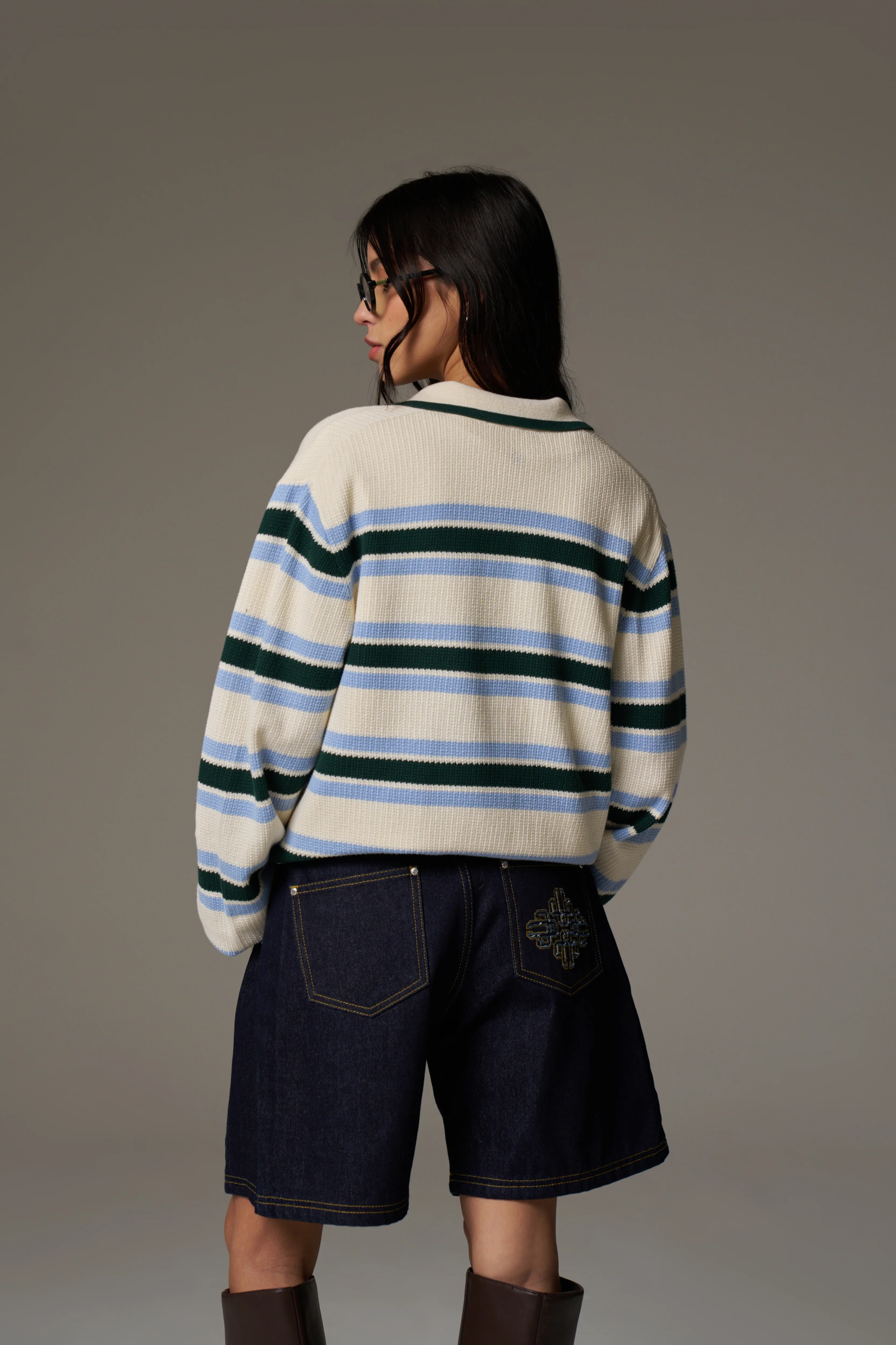 STRIPE KNITTED POLO SWEATSHIRT - OFF WHITE