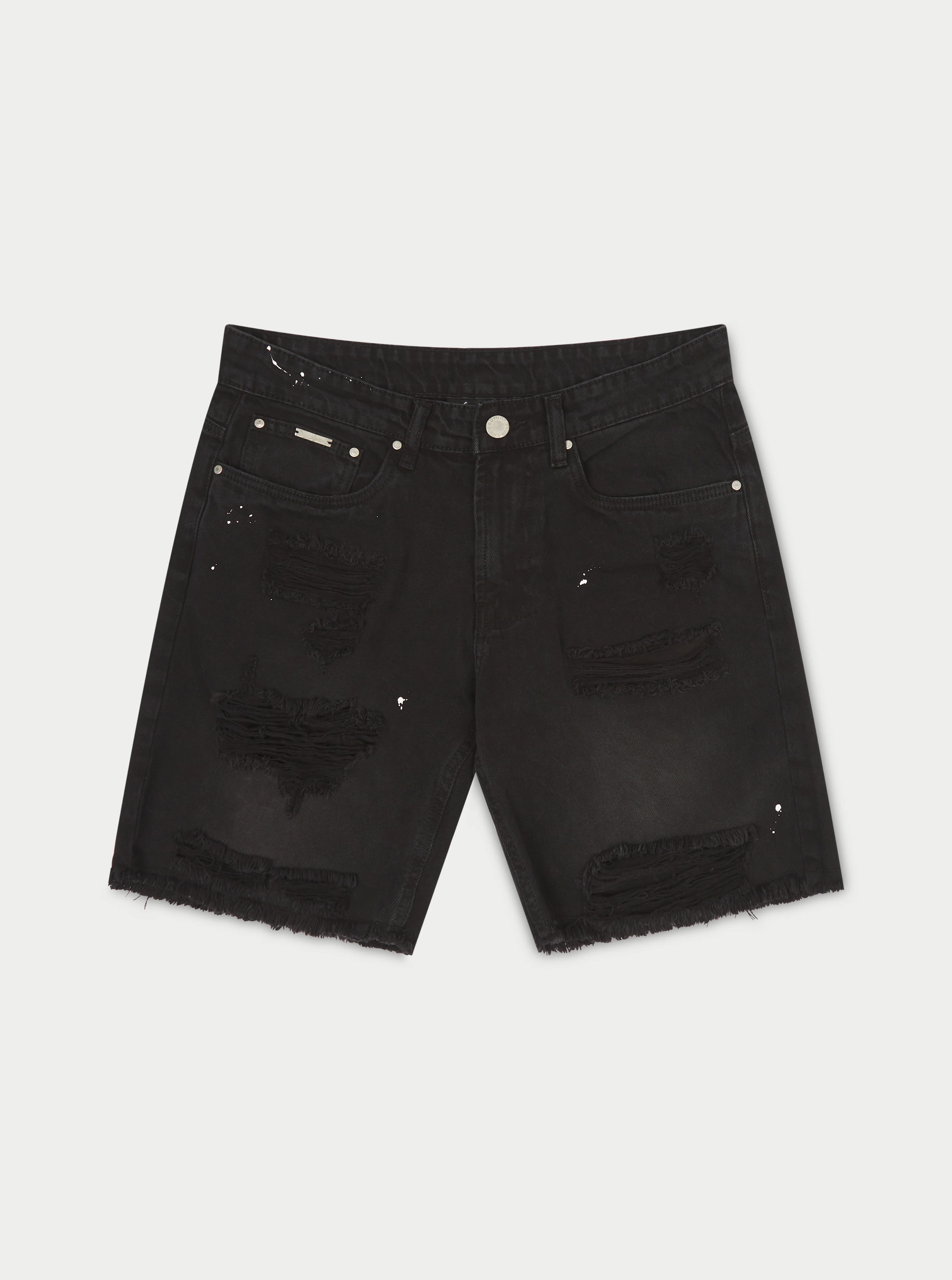 DISTRESSED RAW HEM DENIM SHORTS - WASHED BLACK