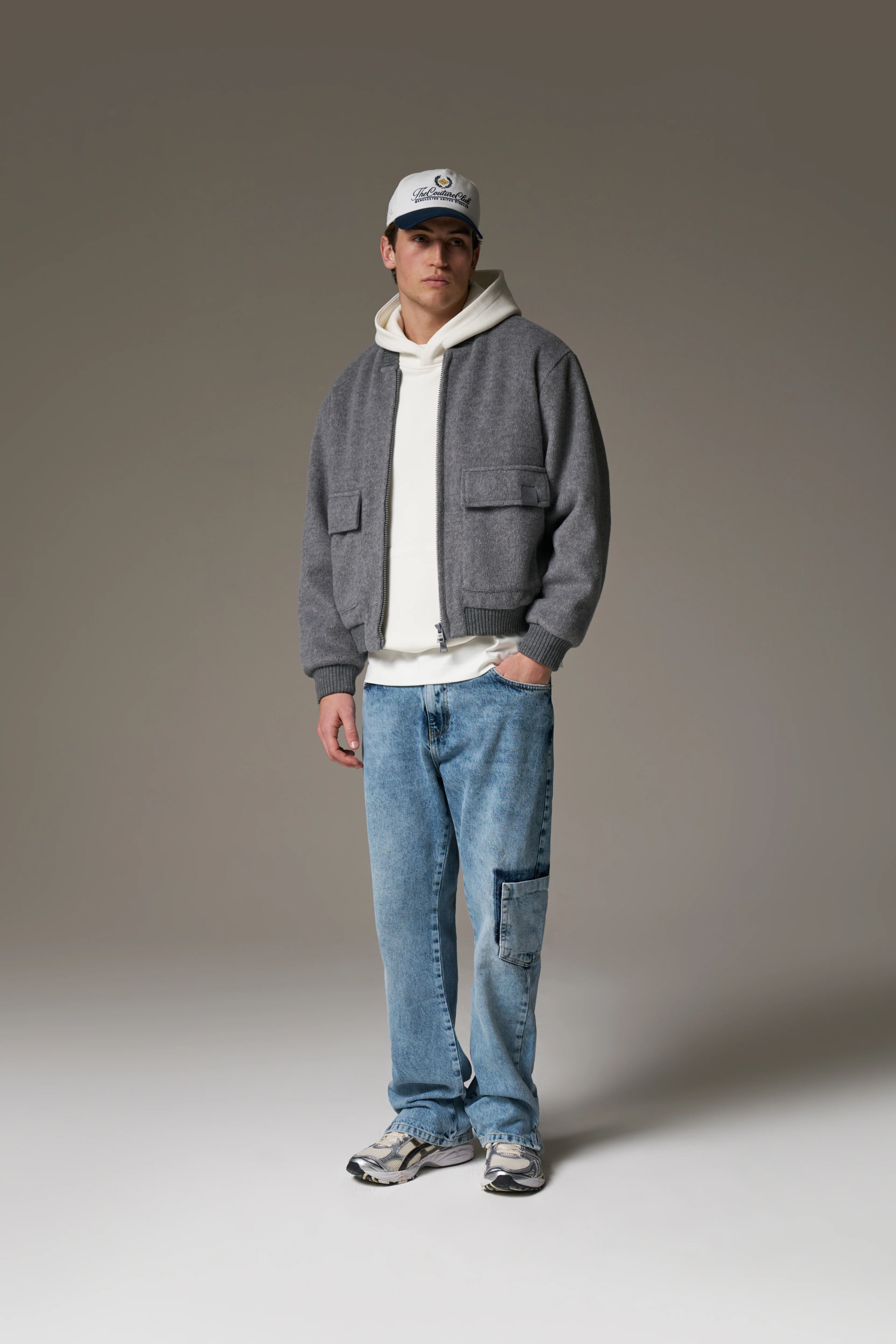 WOOL BLEND BOMBER JACKET - GREY MARL